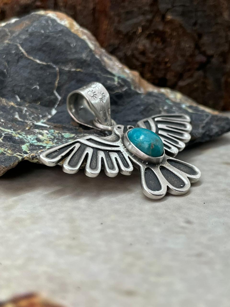 Handmade Sterling Silver Kingman Turquoise Thunder Bird Pendant "Signed Nizhoni"