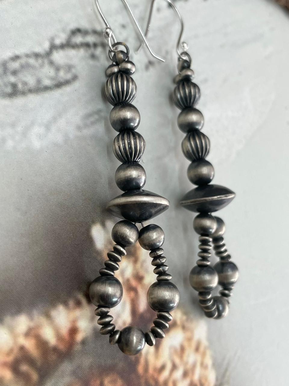 Handmade Sterling Silver Beaded Hook Dangle Earrings "Signed Nizhoni"