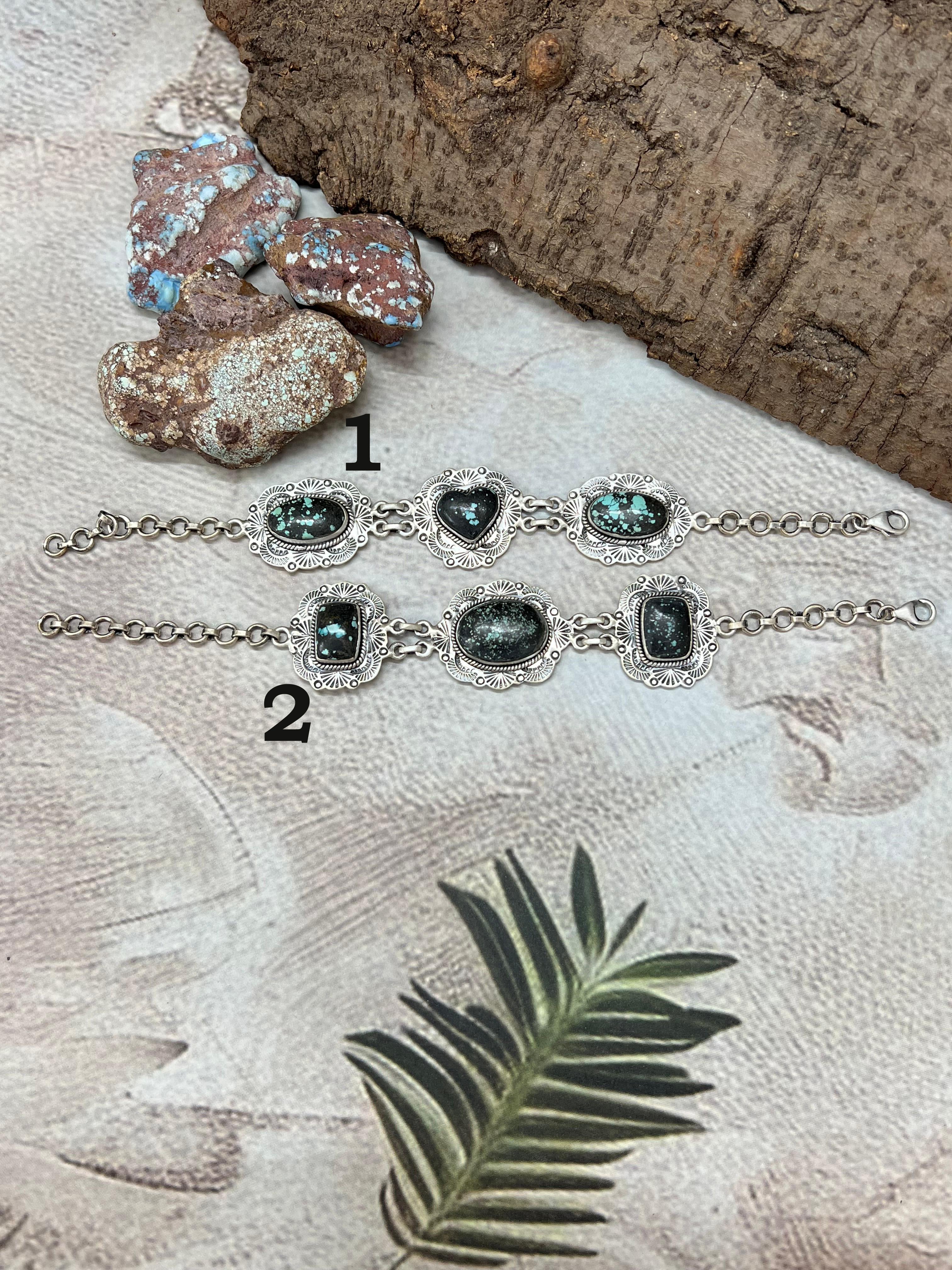 Handmade Sterling Silver Lander Turquoise Chain Bracelet with Signed Nizhoni