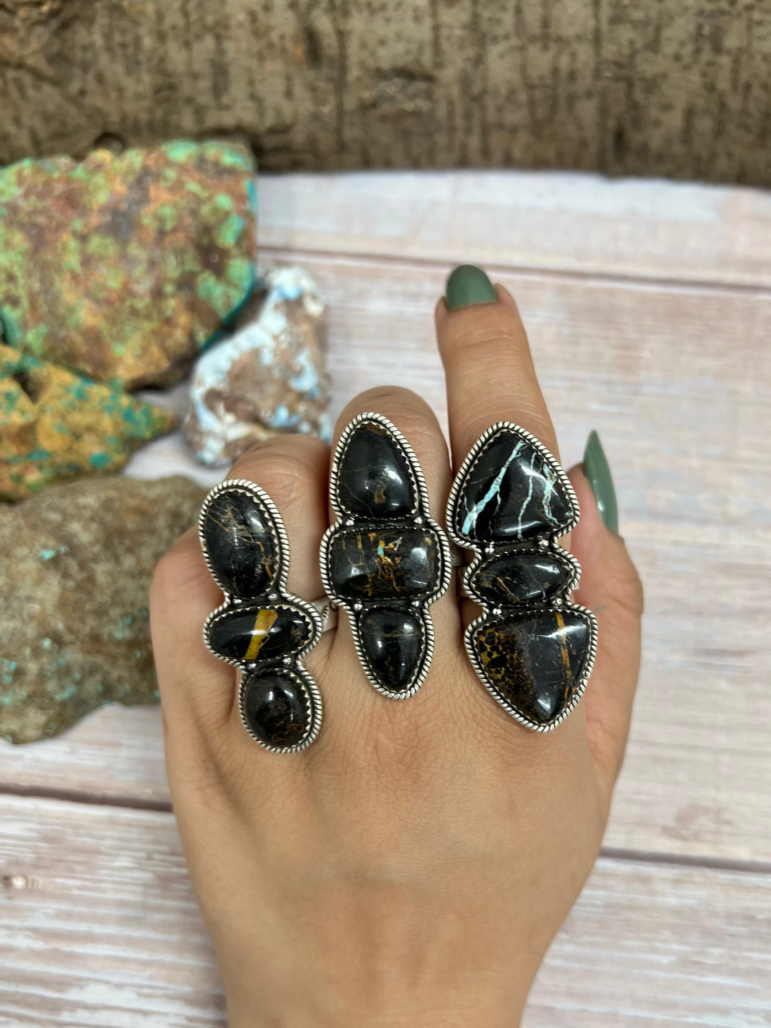 Handmade Sterling Silver Black Jack Adjustable Ring with Signed Nizhoni