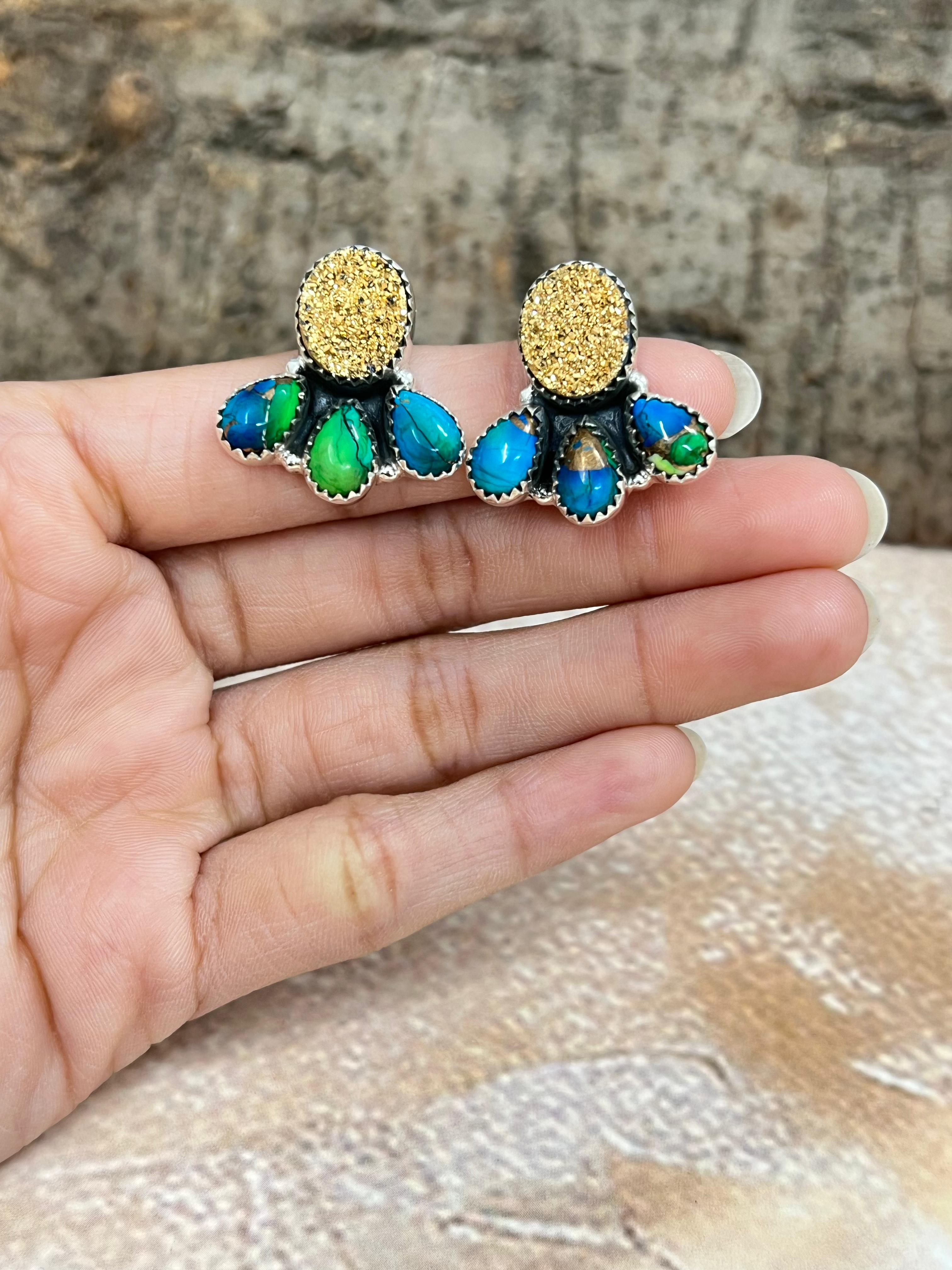 Handmade Sterling Silver Peacock Dahlia with Druzy Studs with Signed Nizhoni