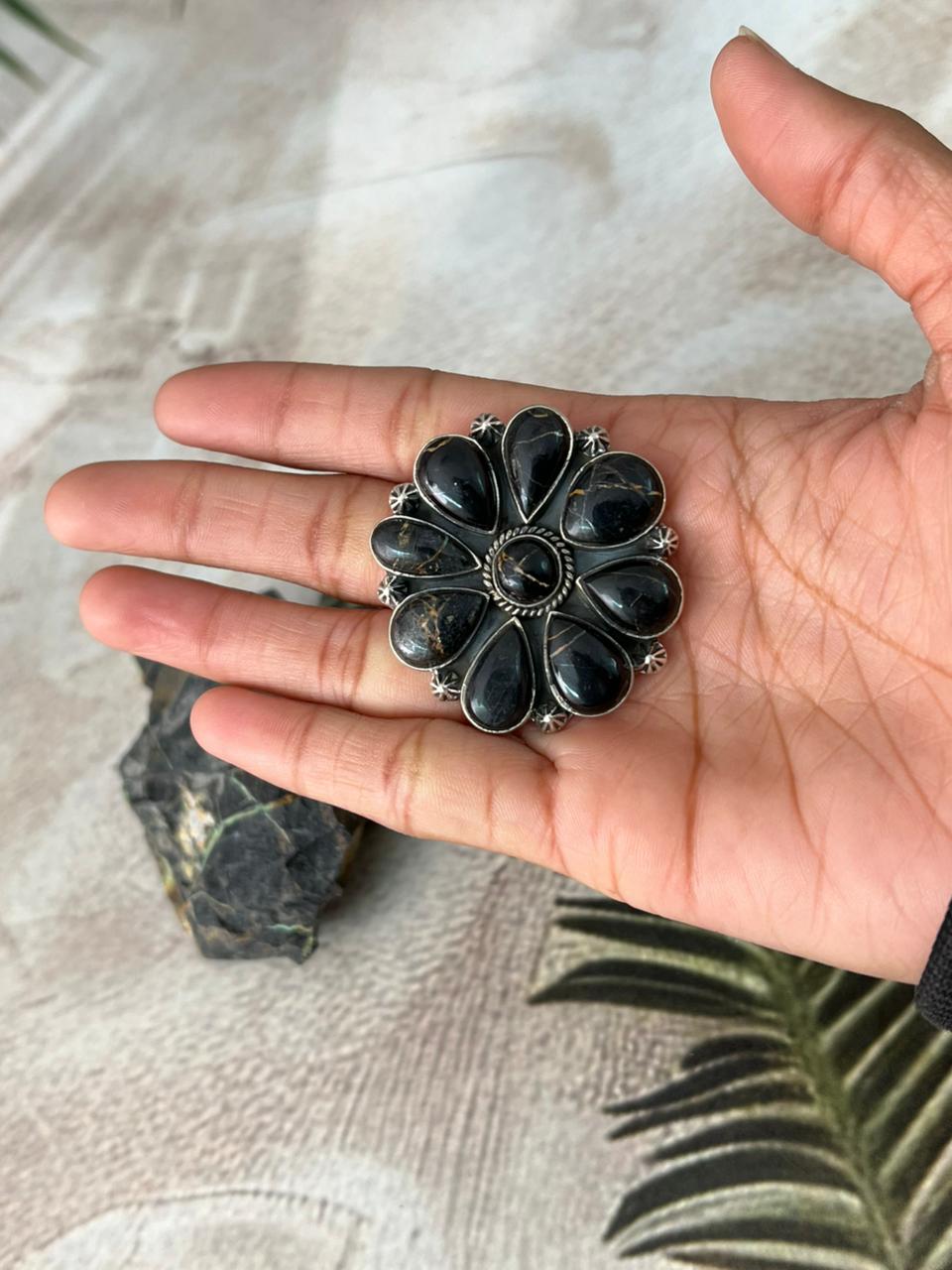 Handmade Sterling Silver Blackjack Turquoise Adjustable Ring " Signed Nizhoni"