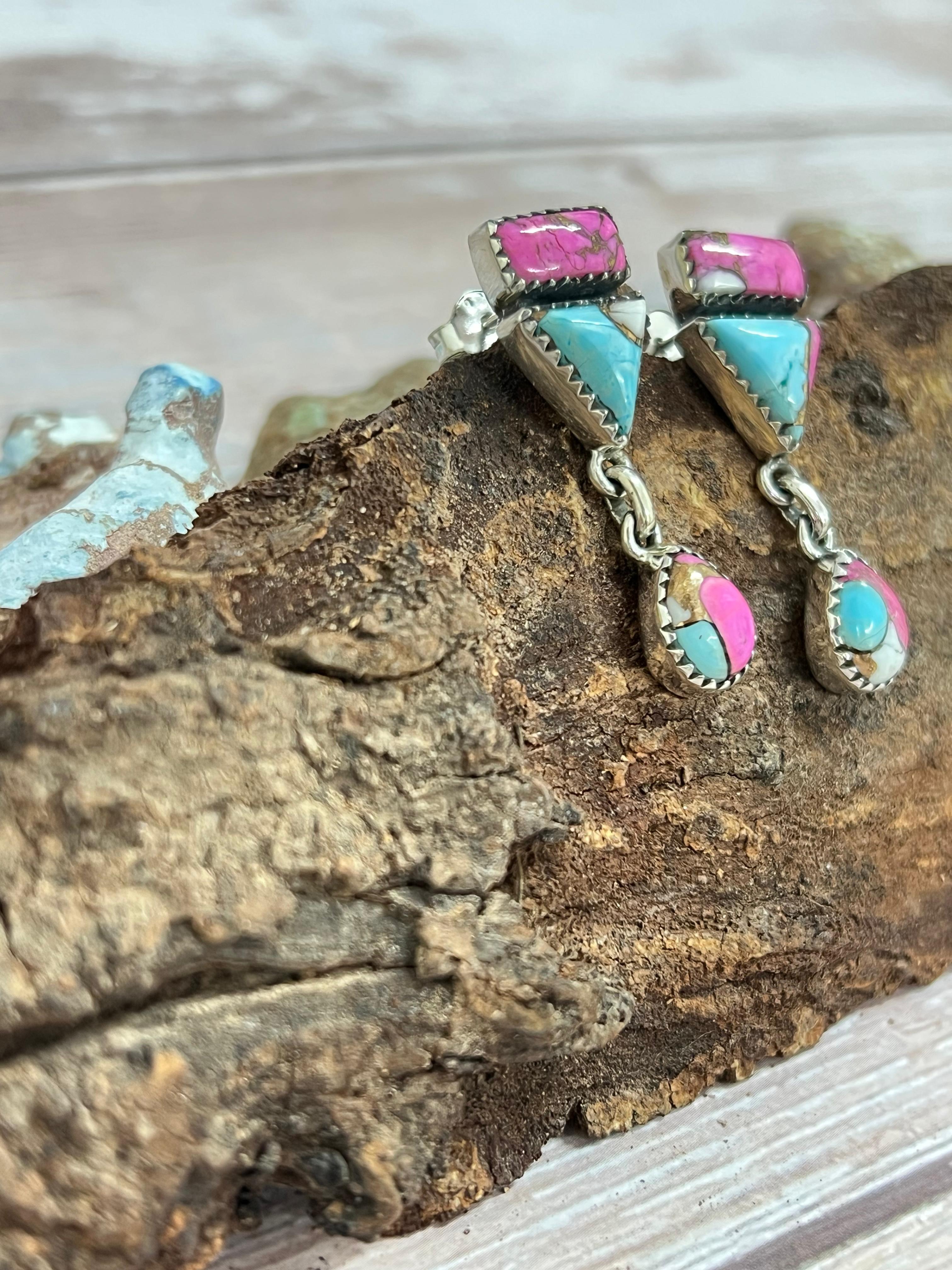 Handmade Sterling Silver Cotton Candy Turquoise Dangle Earrings with Signed Nizhoni