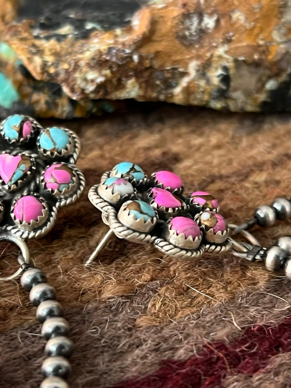 Handmade Sterling Silver Cotton Candy Post Beaded Dangle Earrings "Signed Nizhoni"