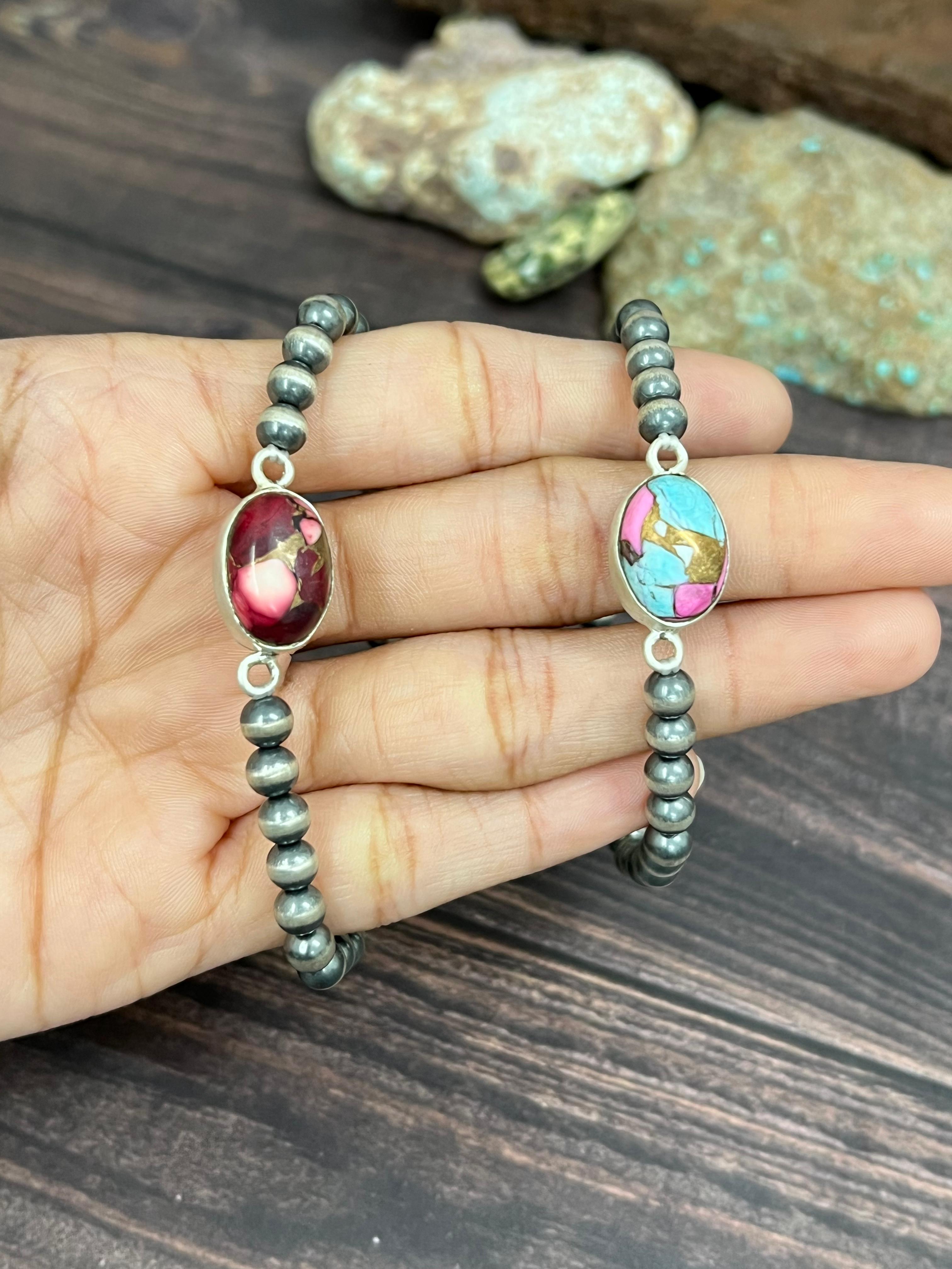 Handmade Sterling Silver Cotton Candy, Dahlia Rose Beaded Bracelet with Signed Nizhoni