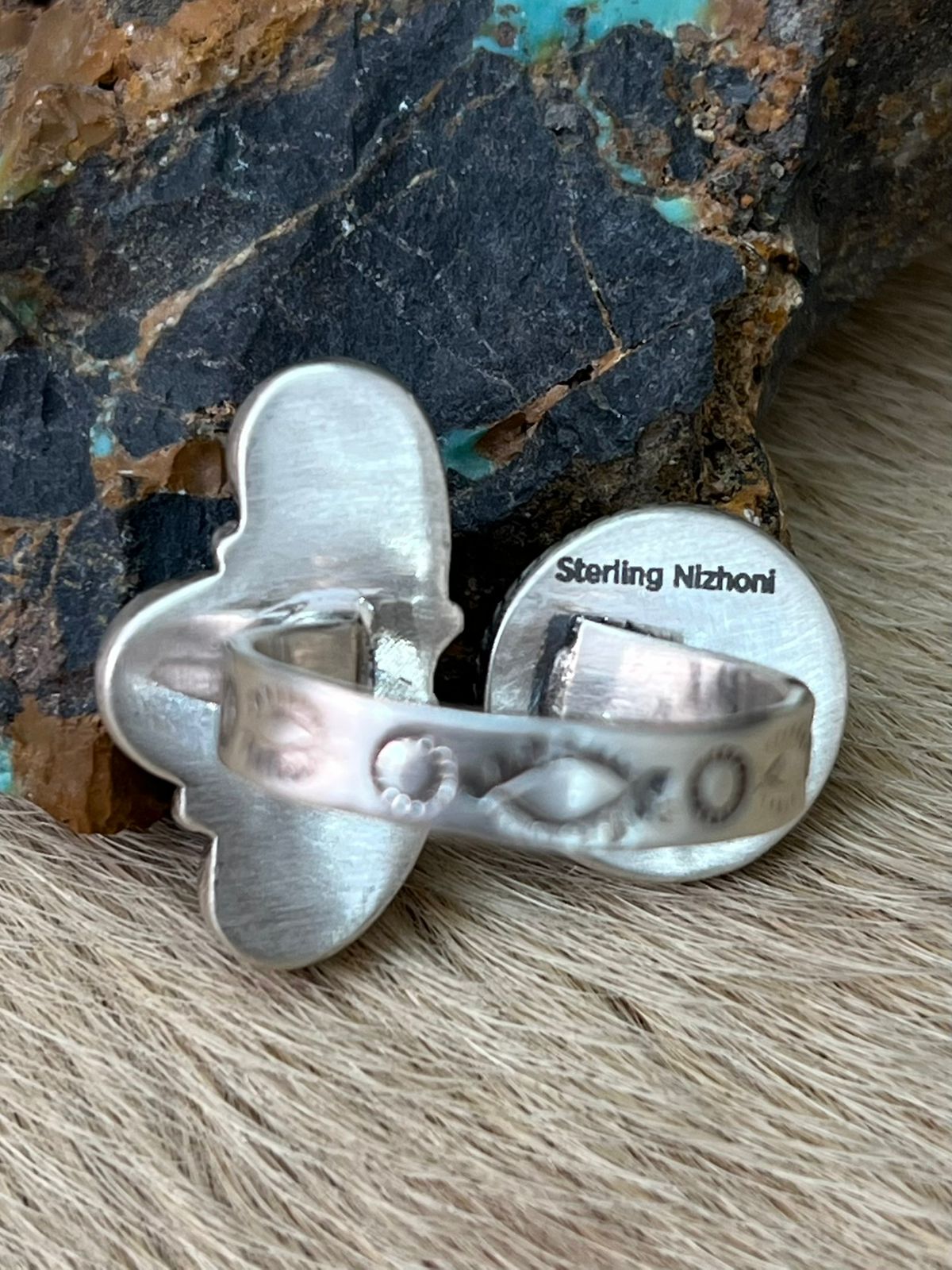 Handmade Sterling Silver Blackjack Turquoise Adjustable Ring "Signed Nizhoni"