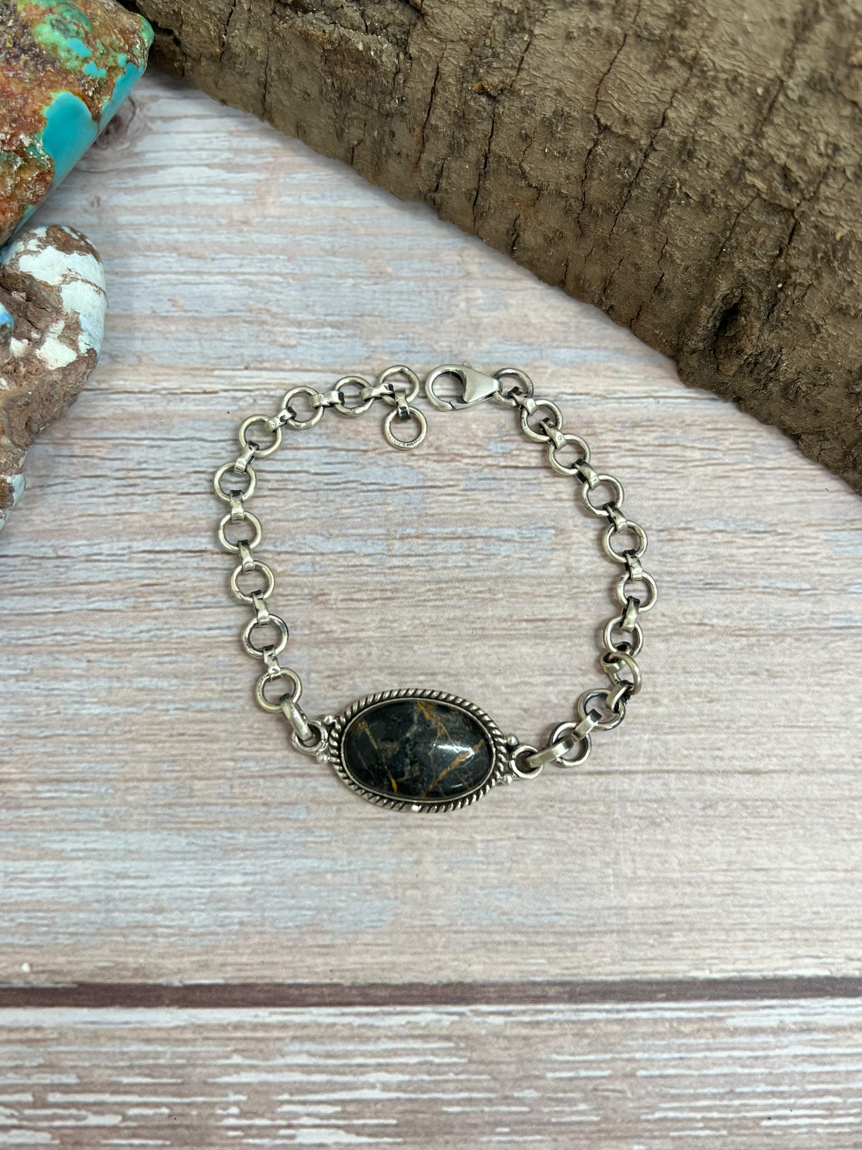 Handmade Sterling Silver Black Jack Chain Bracelet with Signed Nizhoni