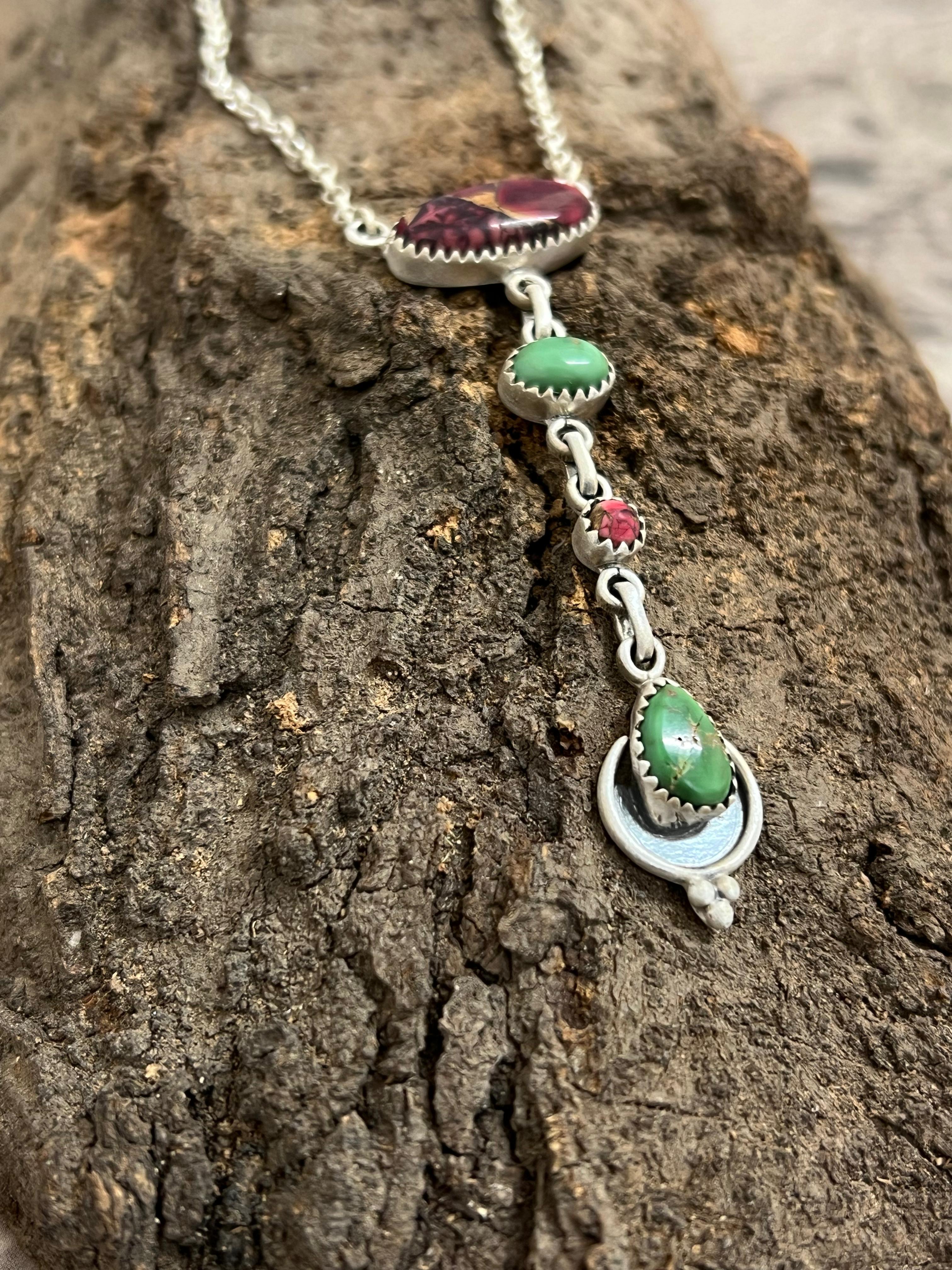 Handmade Sterling Silver Emerald Valley with Dahlia Rose Necklace with Signed Nizhoni
