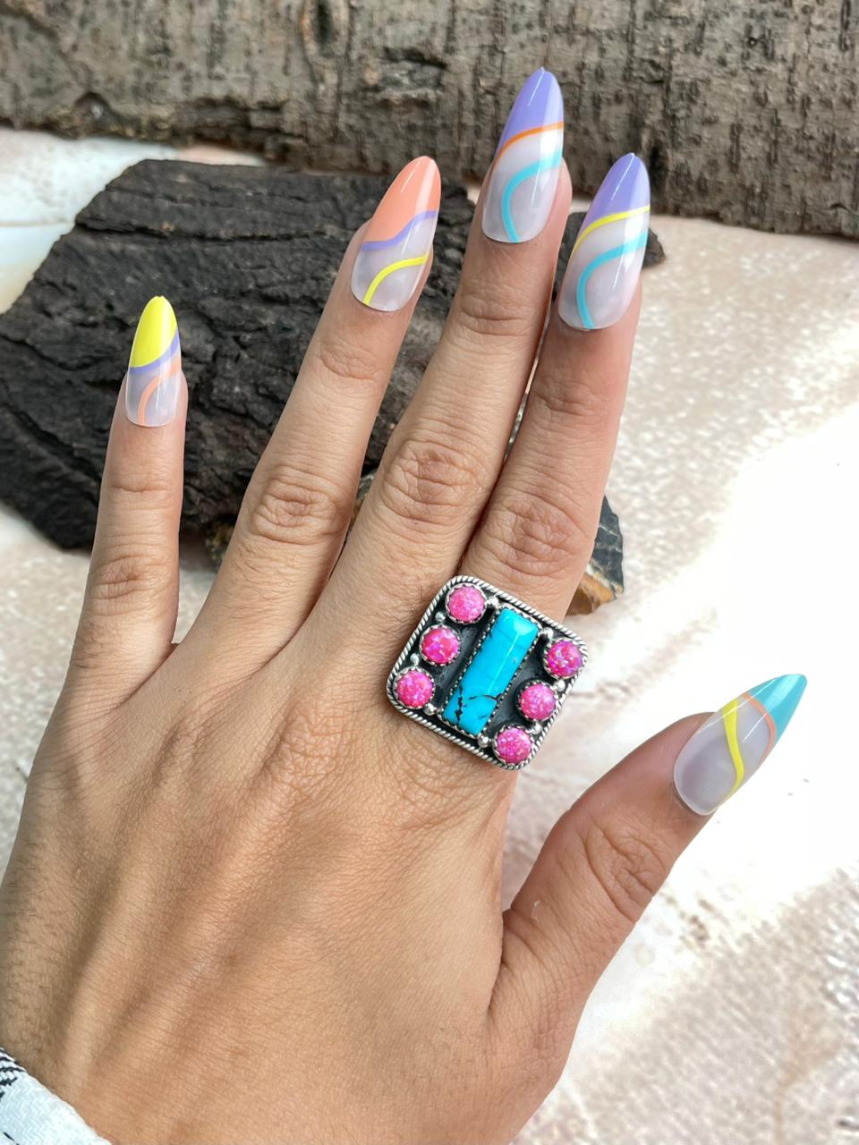 Handmade Sterling Silver Hot Pink with Arizona Turquoise Adjustable Ring "Signed Nizhoni"