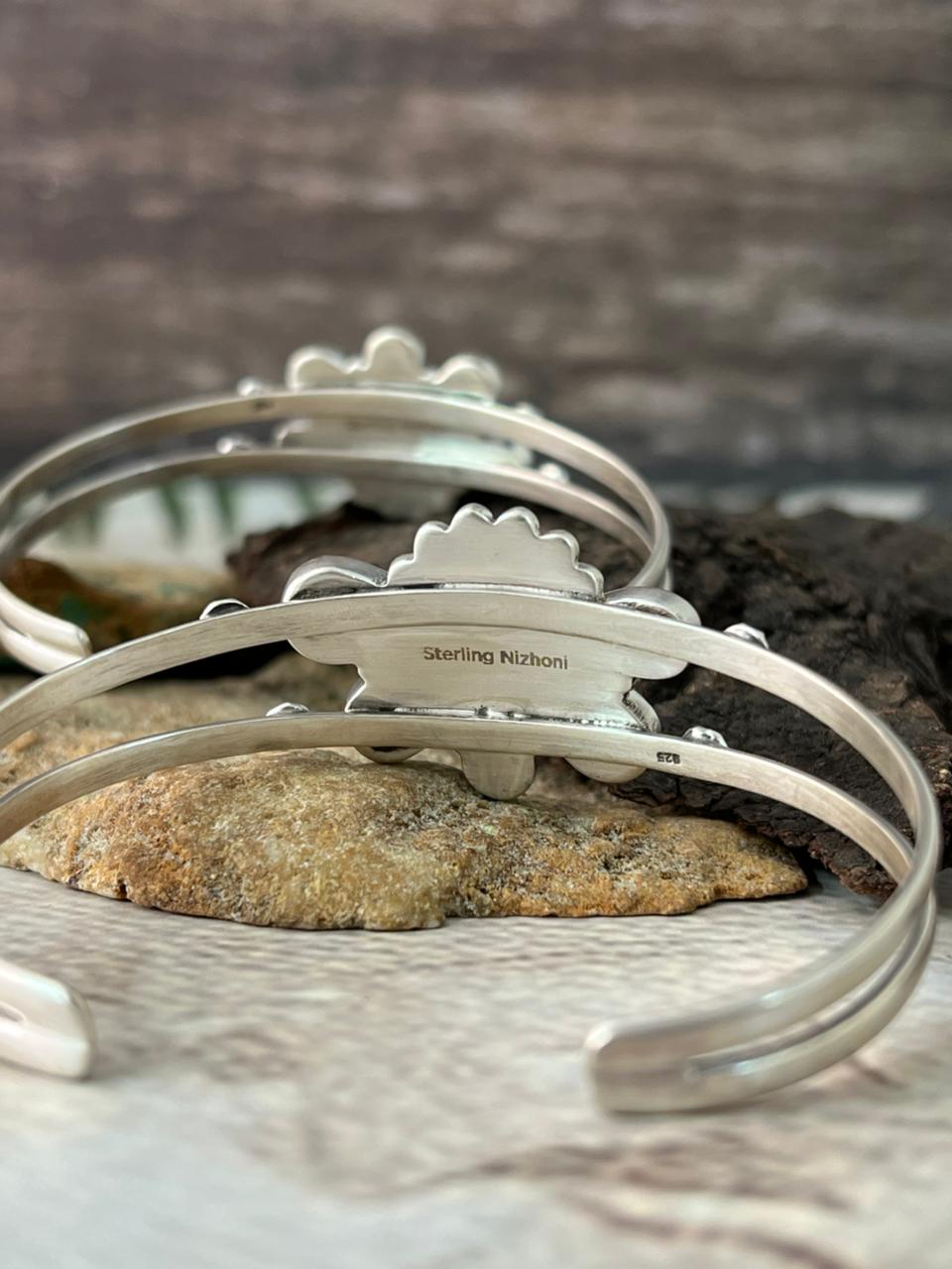 Handmade Sterling Silver Palomino and White Water Turquoise Bracelet "Signed Nizhoni"