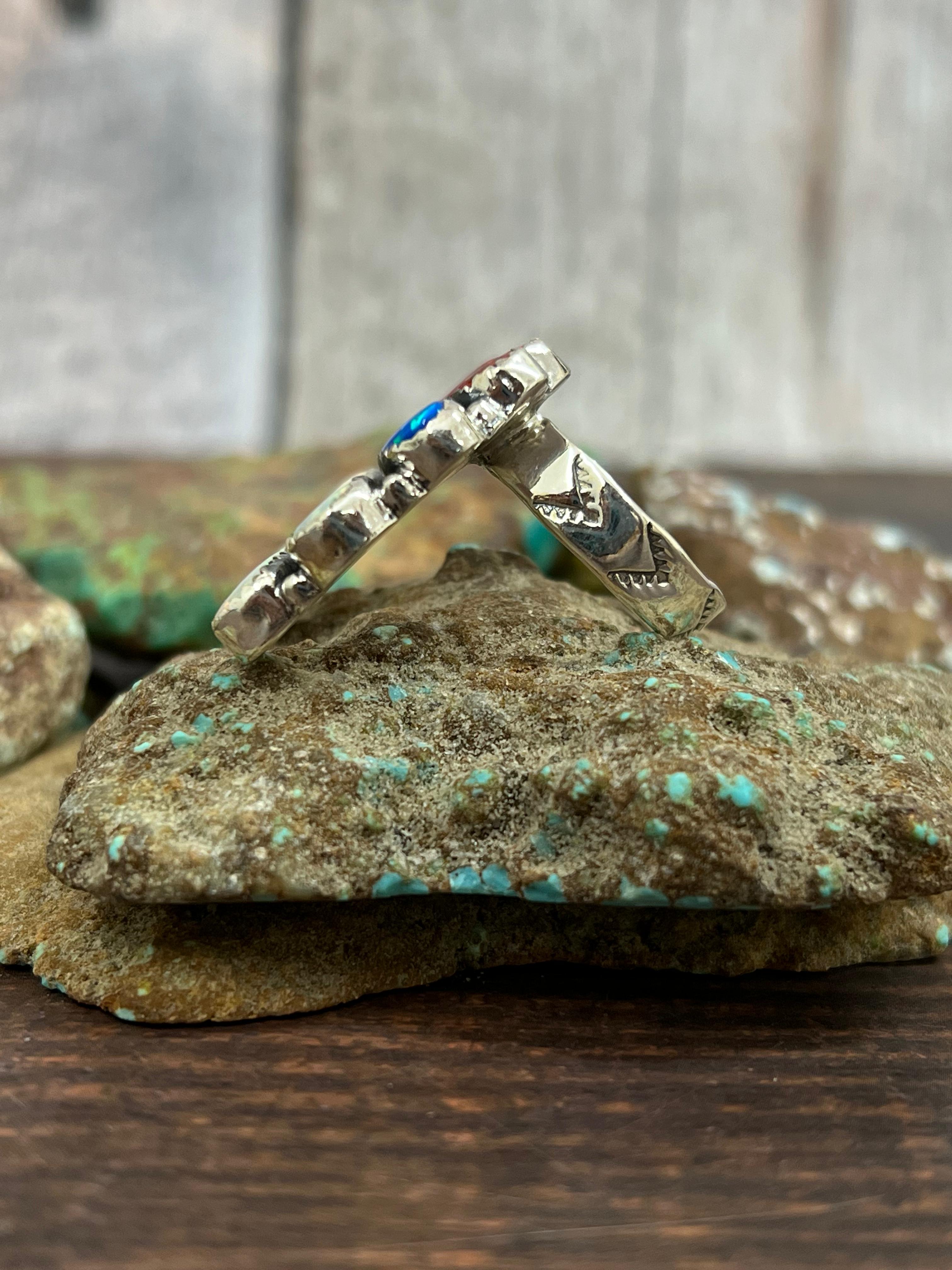 ** 4TH OF JULY ** Handmade Sterling Silver Synthetic Opal Adjustable Ring with Signed Nizhoni