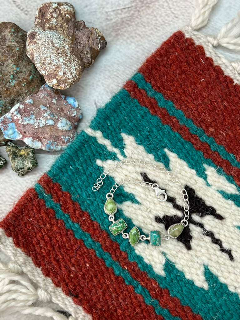 Handmade Sterling Silver Emerald Valley Turquoise Chain Bracelet with Signed Nizhoni