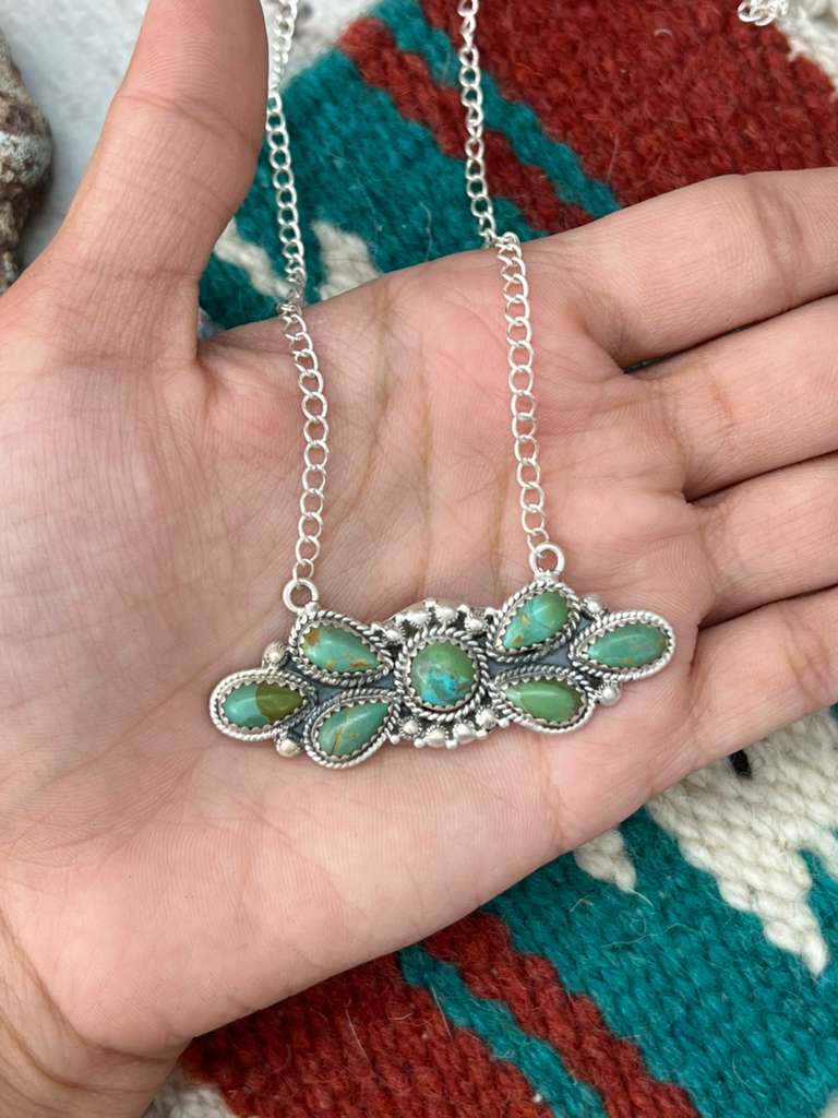 Handmade Sterling Silver Kingman Turquoise Necklace with Signed Nizhoni