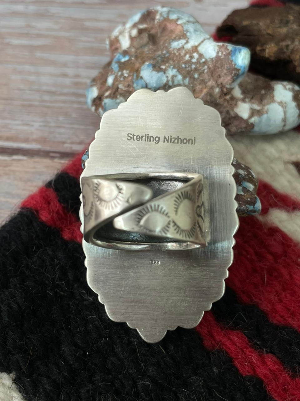 Handmade Sterling Silver Dahlia Rose With Emerald Valley Turquoise Ring "Signed Nizhoni"