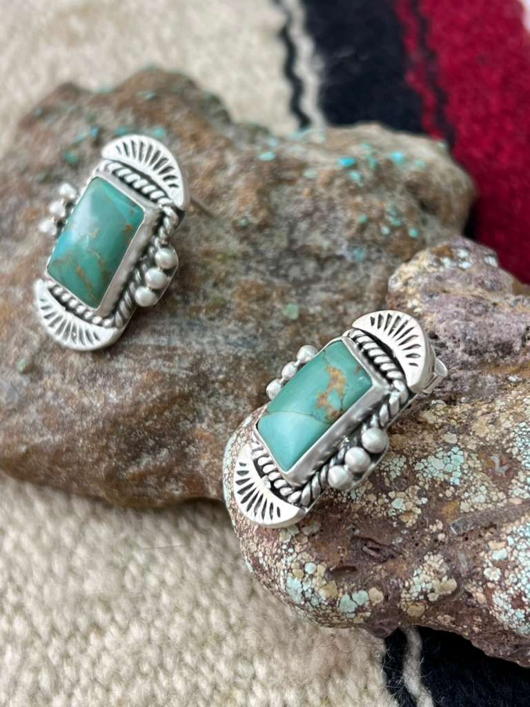 Handmade Sterling Silver Kingman Turquoise Post Studs "Signed Nizhoni"
