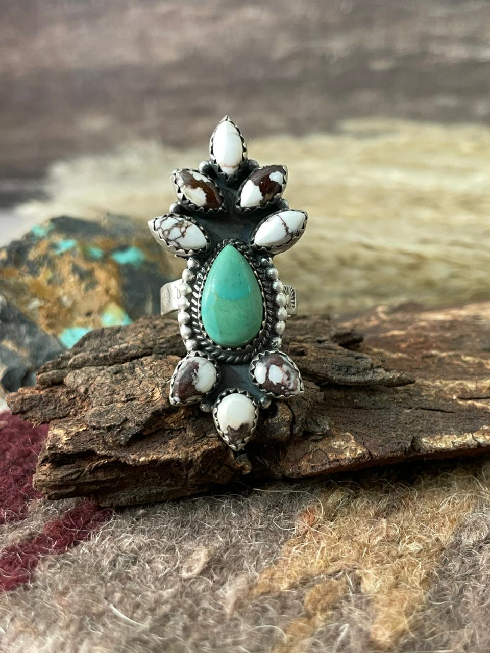Handmade Sterling Silver Wild Horse Magnesite with Kingman Turquoise Adjustable Ring "Signed Nizhoni"