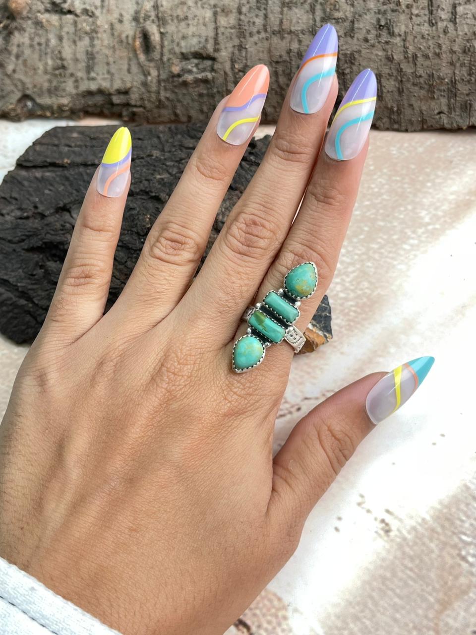 Handmade Sterling Silver Kingman Turquoise Adjustable Ring "Signed Nizhoni"