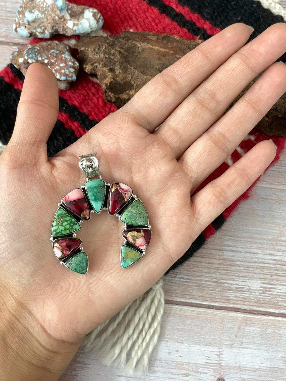 Handmade Sterling Silver Dahlia Rose with Emerald Valley Turquoise Pendant "Signed Nizhoni"