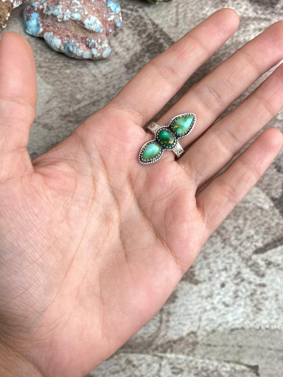 Handmade Sterling Silver Sonoran Mountain Turquoise Adjustable Ring with Signed Nizhoni