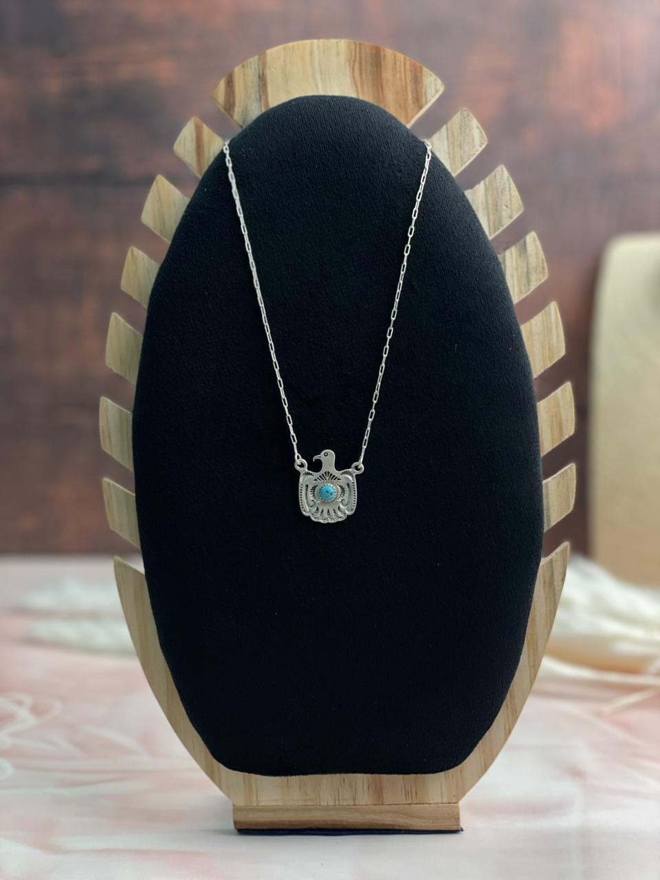 Handmade Sterling Silver Kingman Turquoise Thunder Bird Necklace "Signed Nizhoni"
