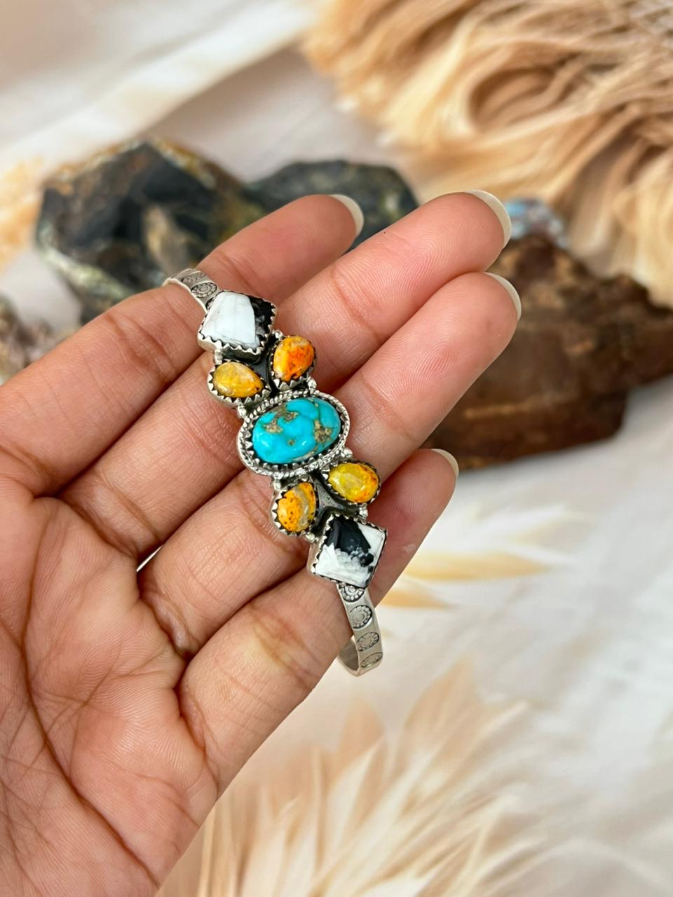Handmade Sterling Silver Spring Collection: Bumblebee with Sonoran and White Buffalo Bracelet "Signed Nizhoni"
