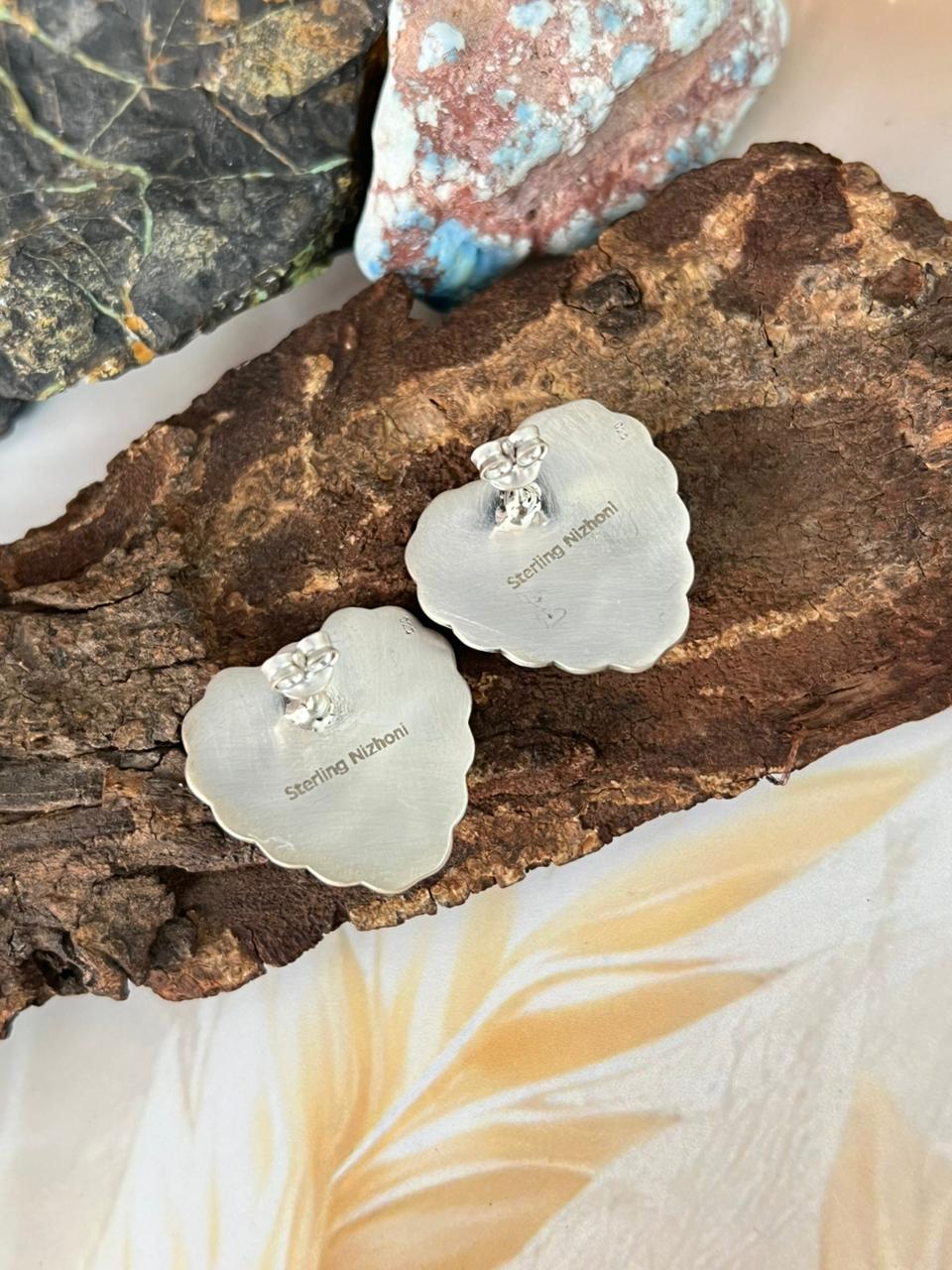 Handmade Sterling Silver Kingman Turquoise Post Heart Studs Earrings "Signed Nizhoni"