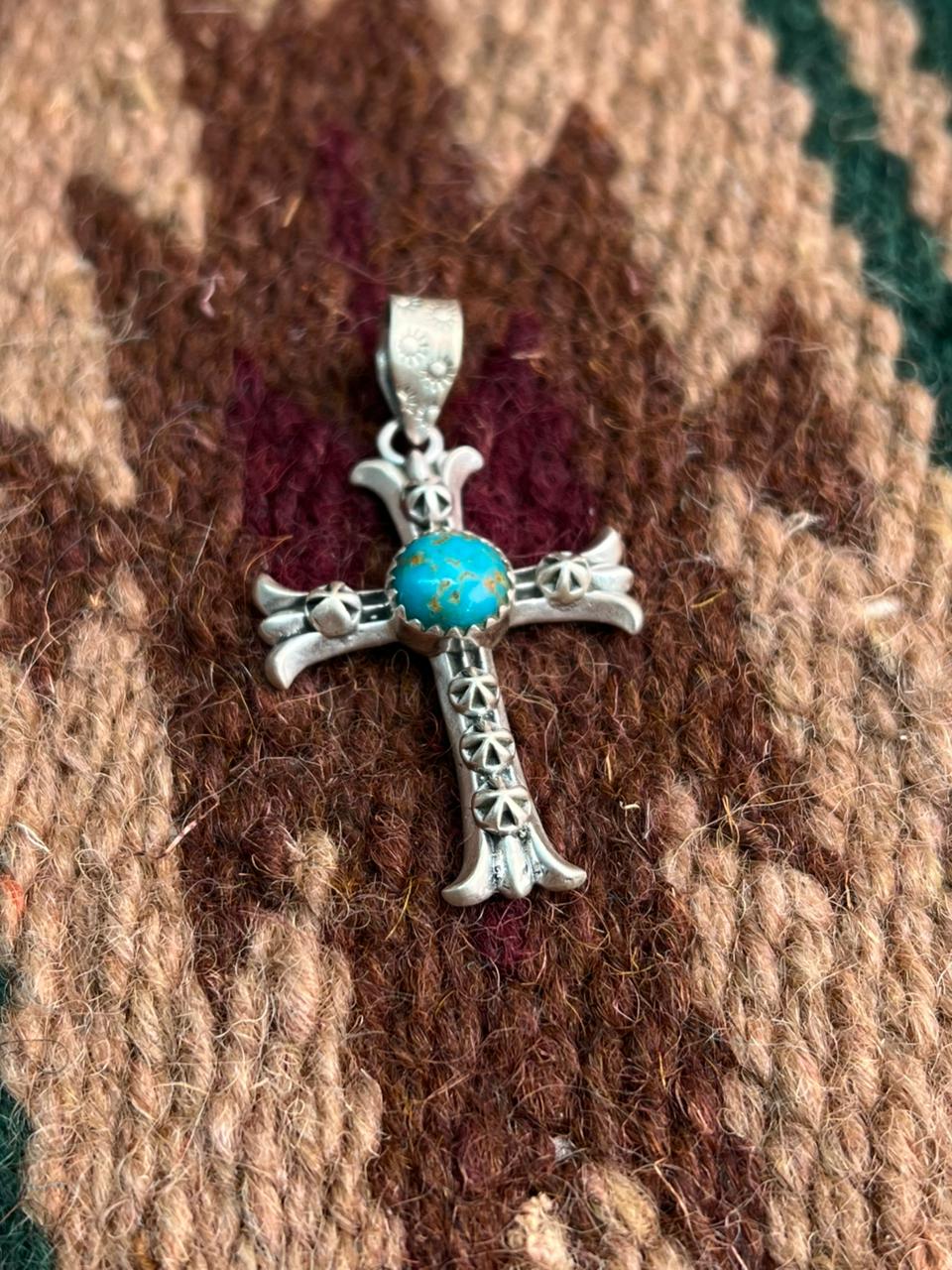 Handmade Sterling Silver Kingman Turquoise Cross Pendant "Signed Nizhoni"