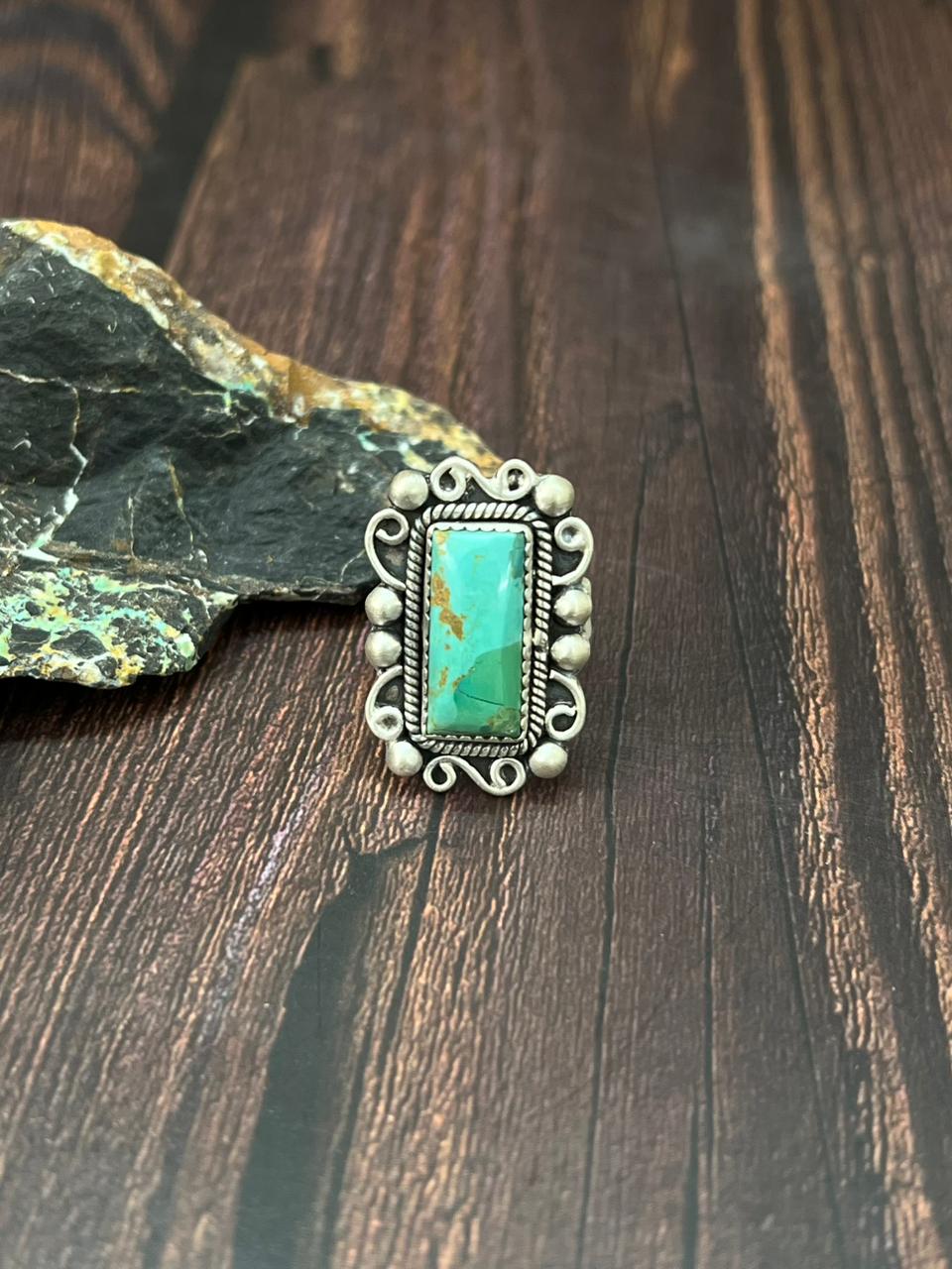 Handmade Sterling Silver Kingman Turquoise Adjustable Ring "Singed Nizhoni"