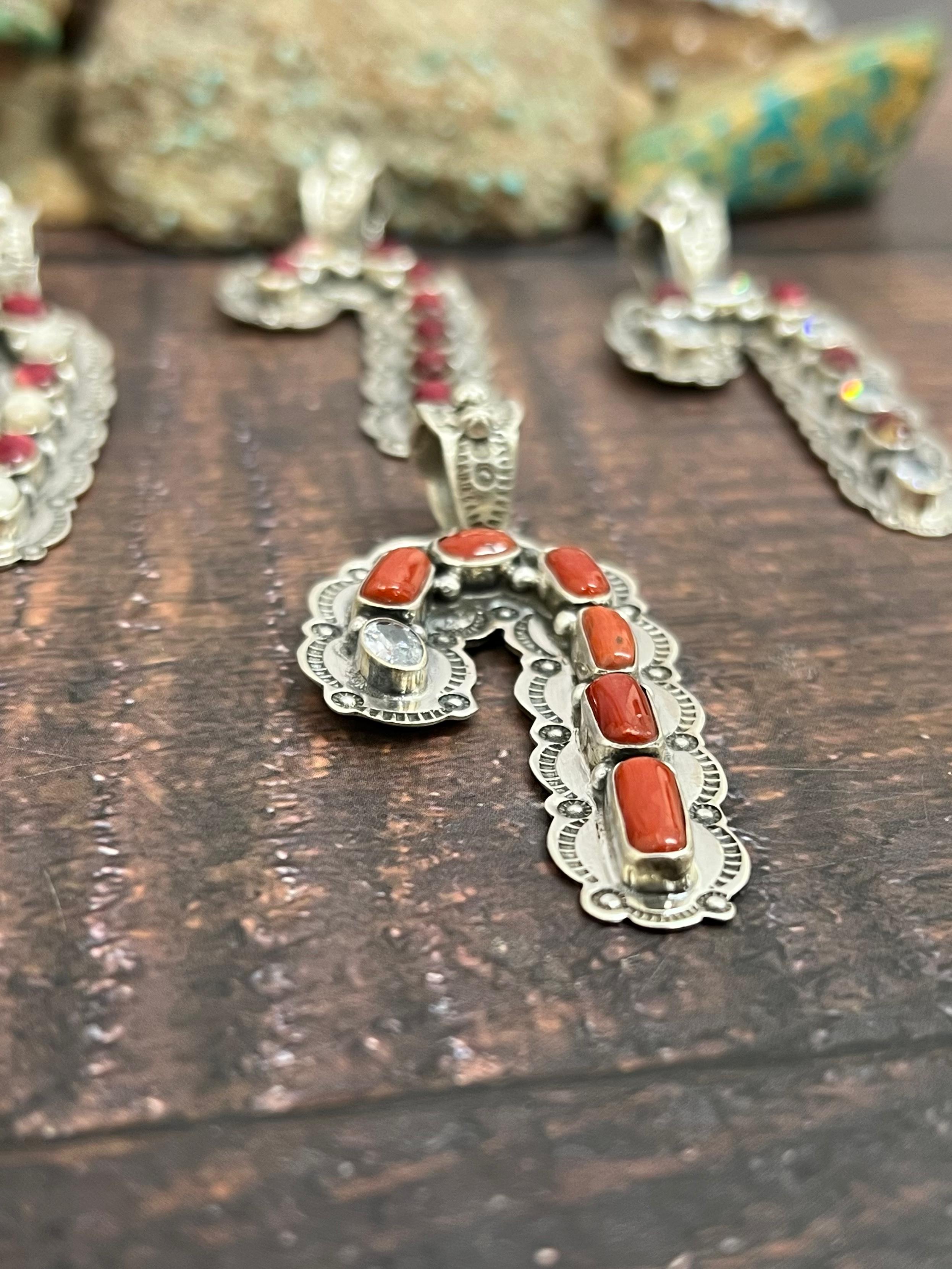 Handmade Sterling Silver Dahlia Rose, White Buffalo, Coral Pendant, Signed Nizhoni