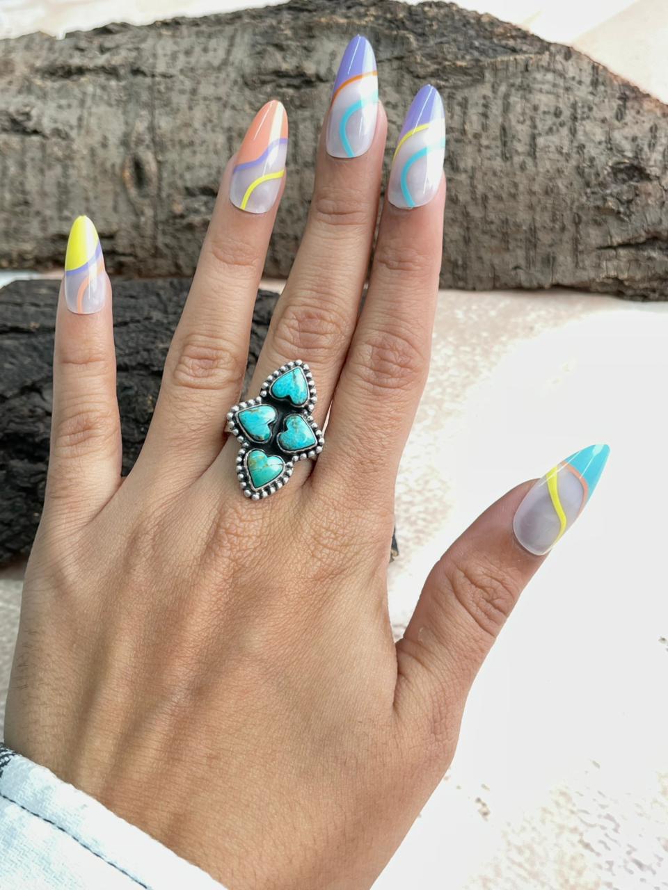 Handmade Sterling Silver Kingman Turquoise Adjustable Ring "Signed Nizhoni"