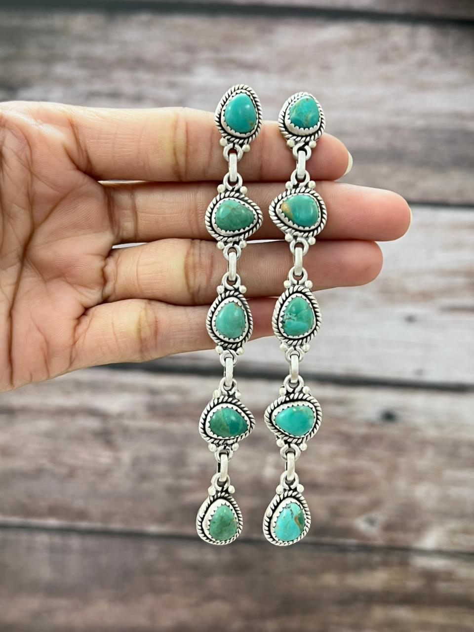 Handmade Sterling Silver Kingman Turquoise Post Dangle Earrings with Signed Nizhoni