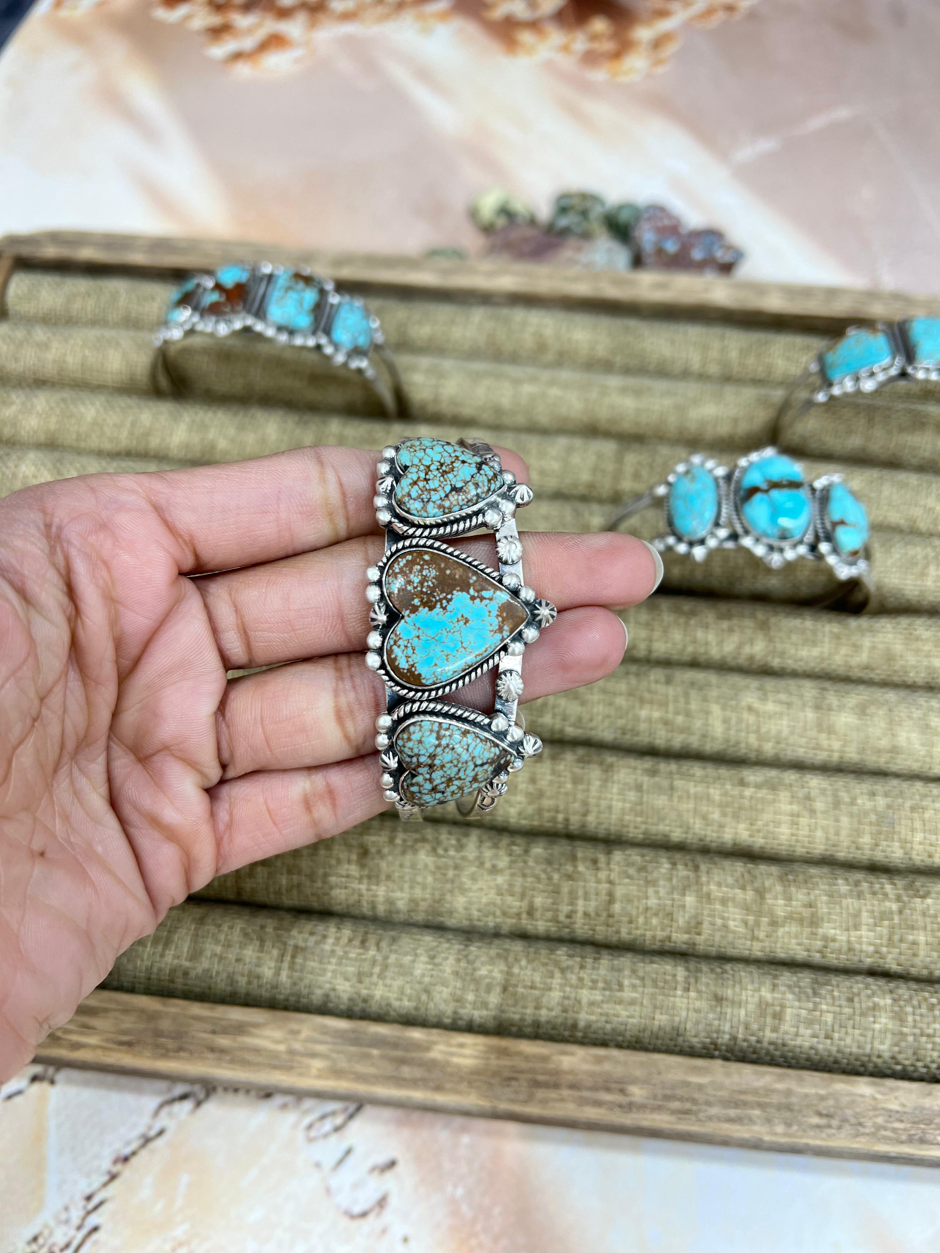 Handmade Sterling Silver Number 8 Turquoise Cuff Bracelet with Signed Nizhoni