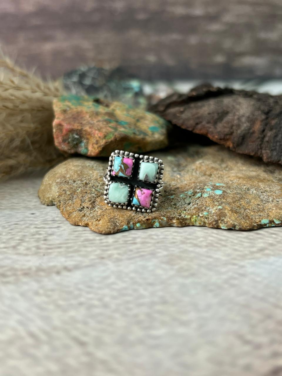Handmade Sterling Silver Cotton Candy with Paloma Turquoise Adjustable Ring "Signed Nizhoni"