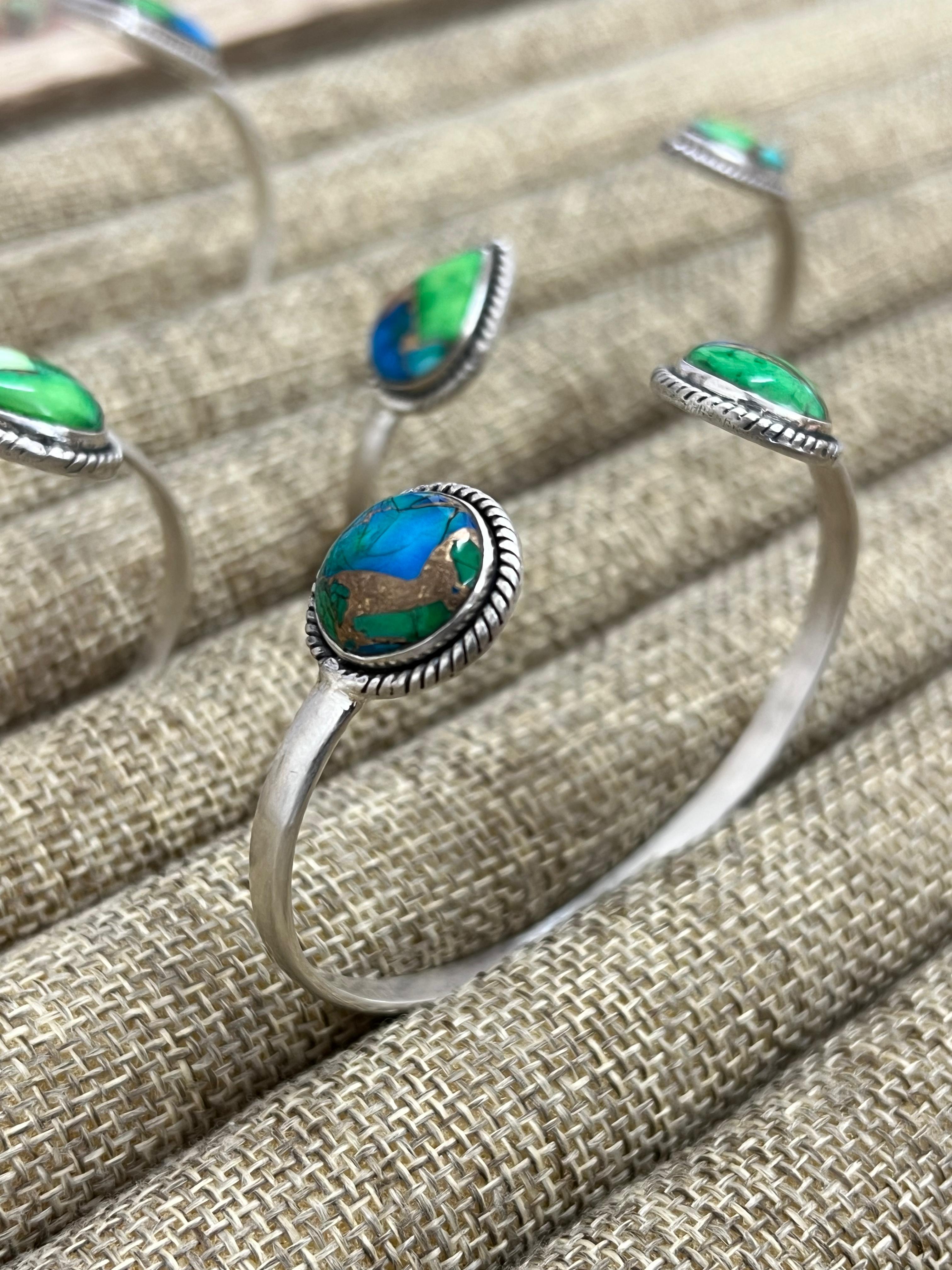 Handmade Sterling Silver Peacock Dahlia Cuff Bracelet with Signed Nizhoni