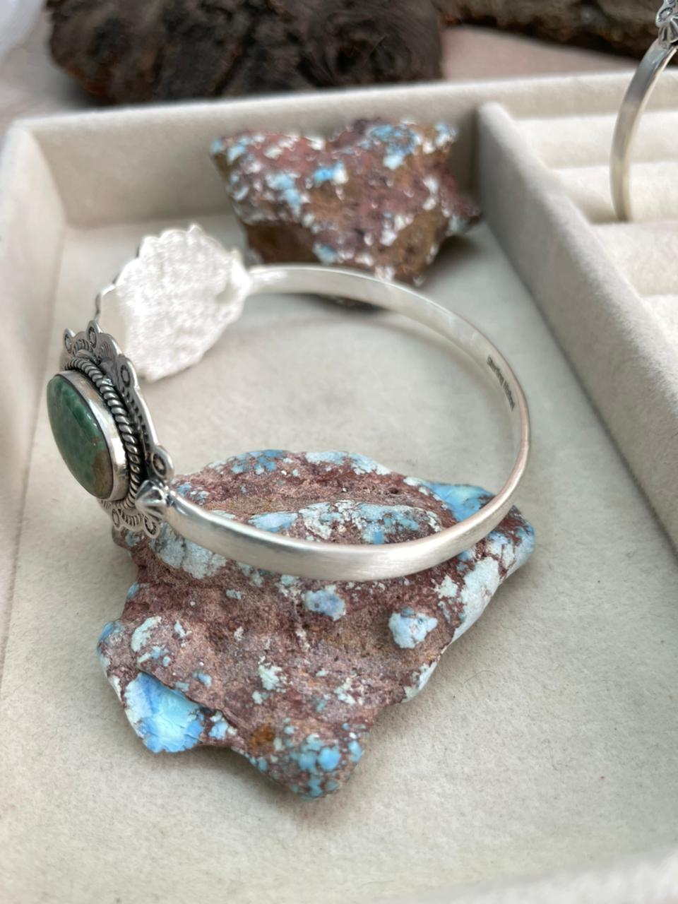 Handmade Sterling Silver Mantis Turquoise Cuff Bracelet with Signed Nizhoni