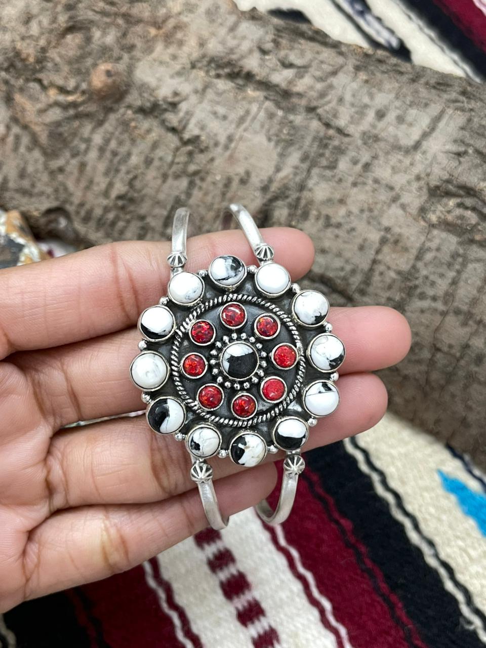 "Christmas Collection" Handmade Sterling Silver White Buffalo With Red Opal Cuff Bracelet "Signed Nizhoni"
