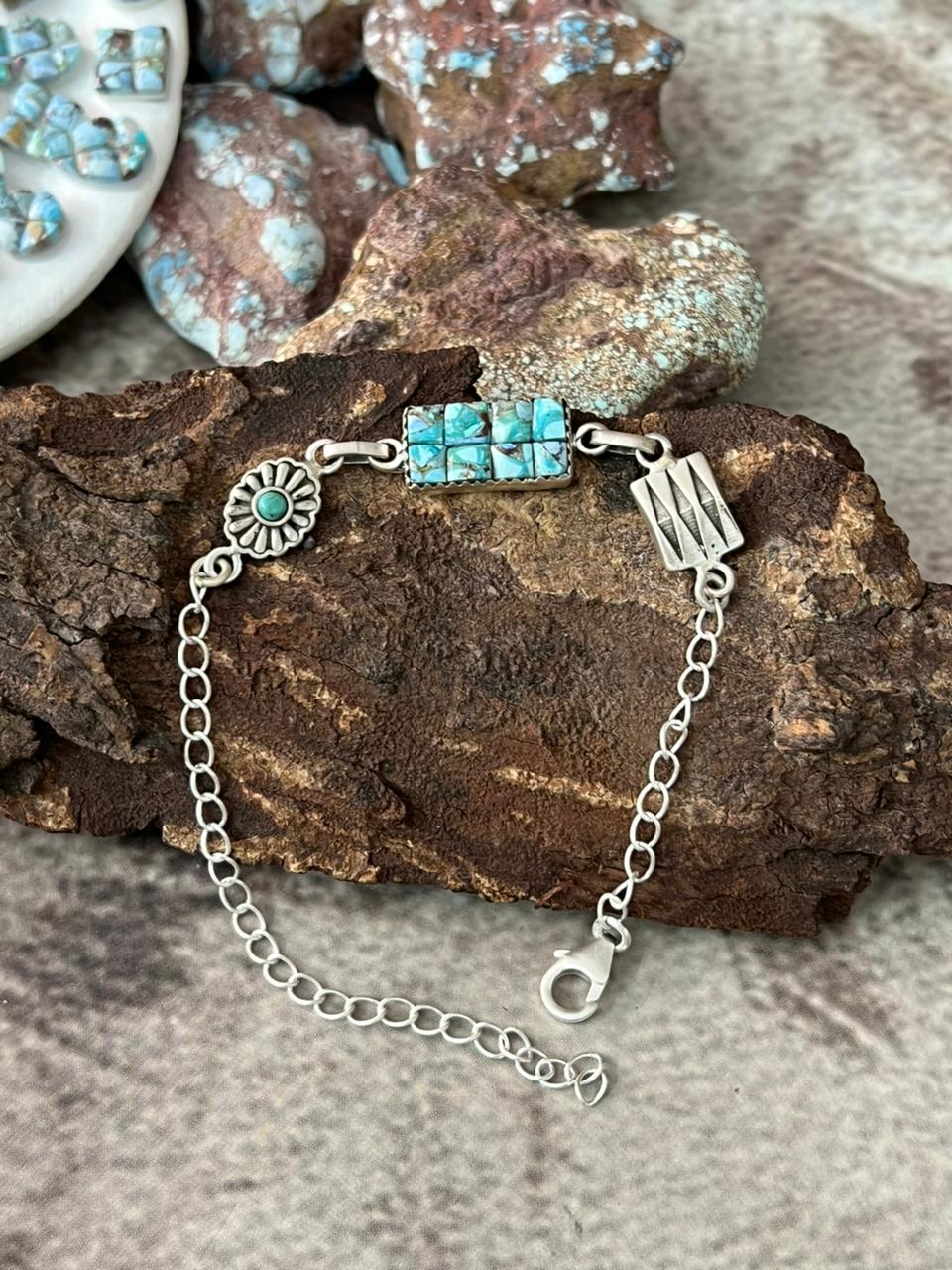 Handmade Sterling Silver Golden Hills Turquoise Cobble Collection Chain Bracelet "Signed Nizhoni"