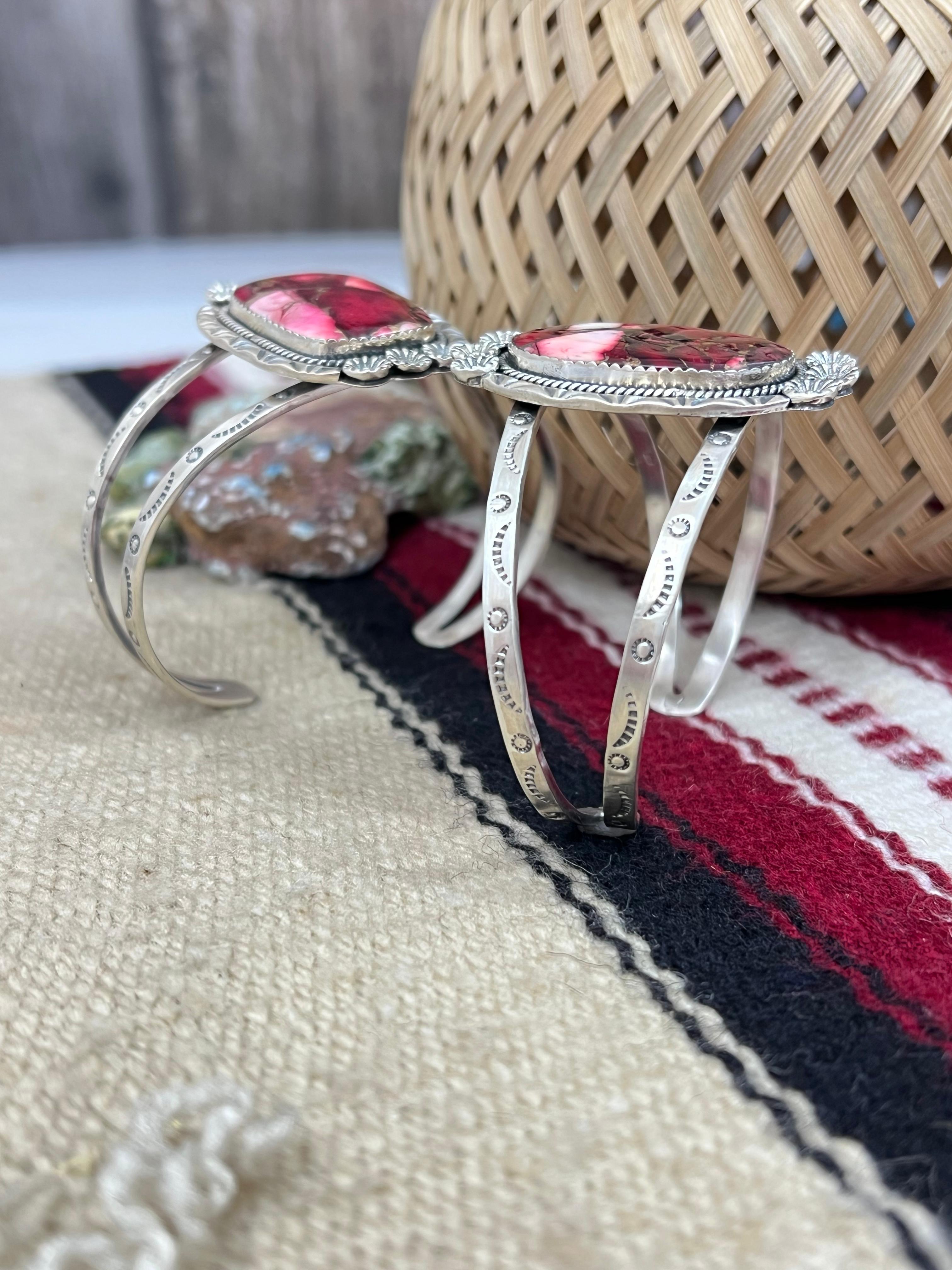Handmade Sterling Silver Dahlia Rose Cuff Bracelet with Signed Nizhoni