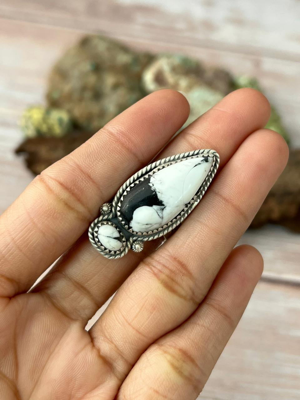 Handmade Sterling Silver White Buffalo Adjustable Ring With Signed Nizhoni