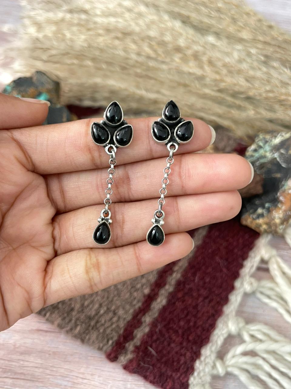Handmade Sterling Silver Black Onyx Post Dangle Earrings "Signed Nizhoni"