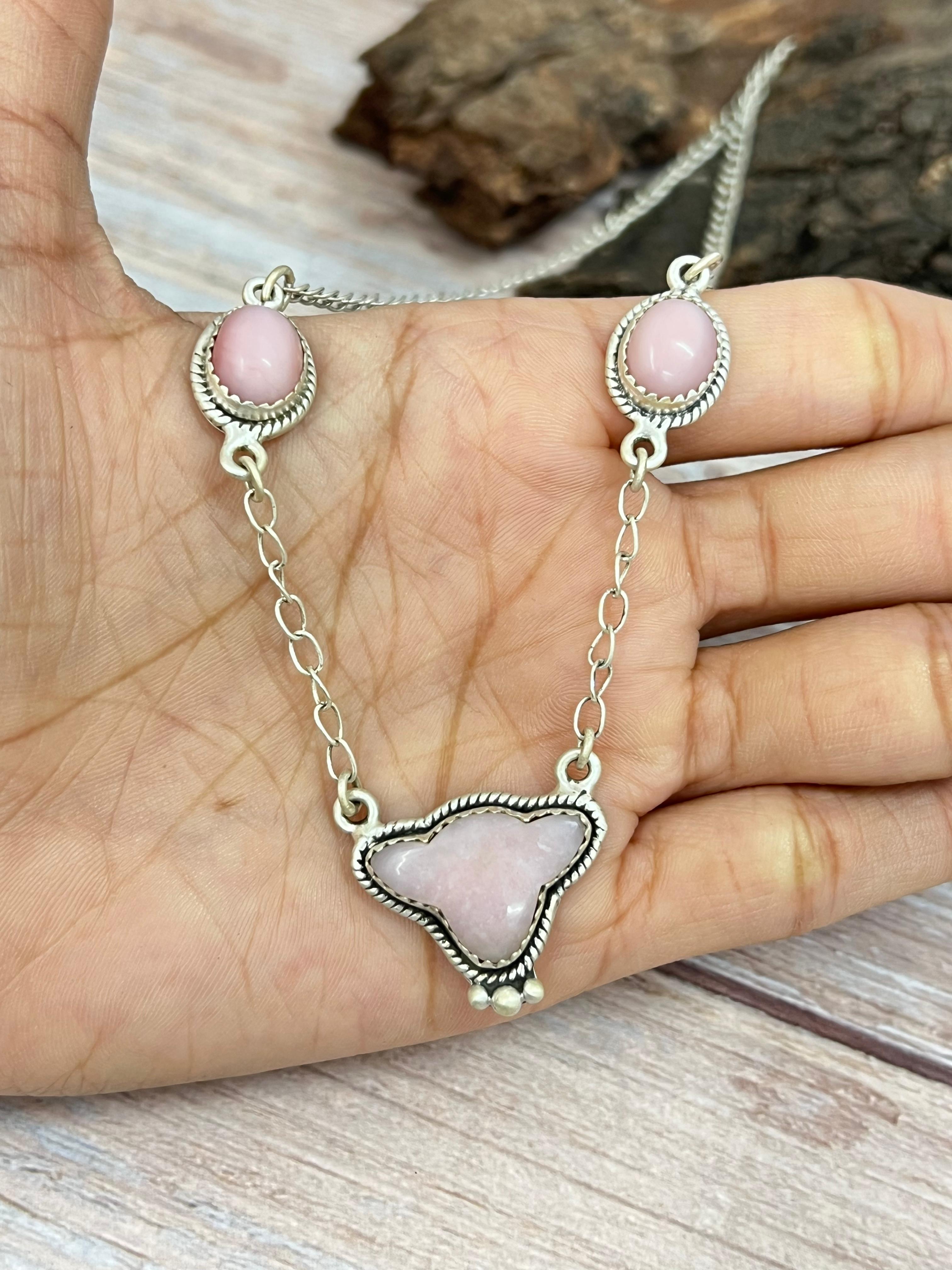 Handmade Sterling Silver Pink Opal Necklace with Signed Nizhoni