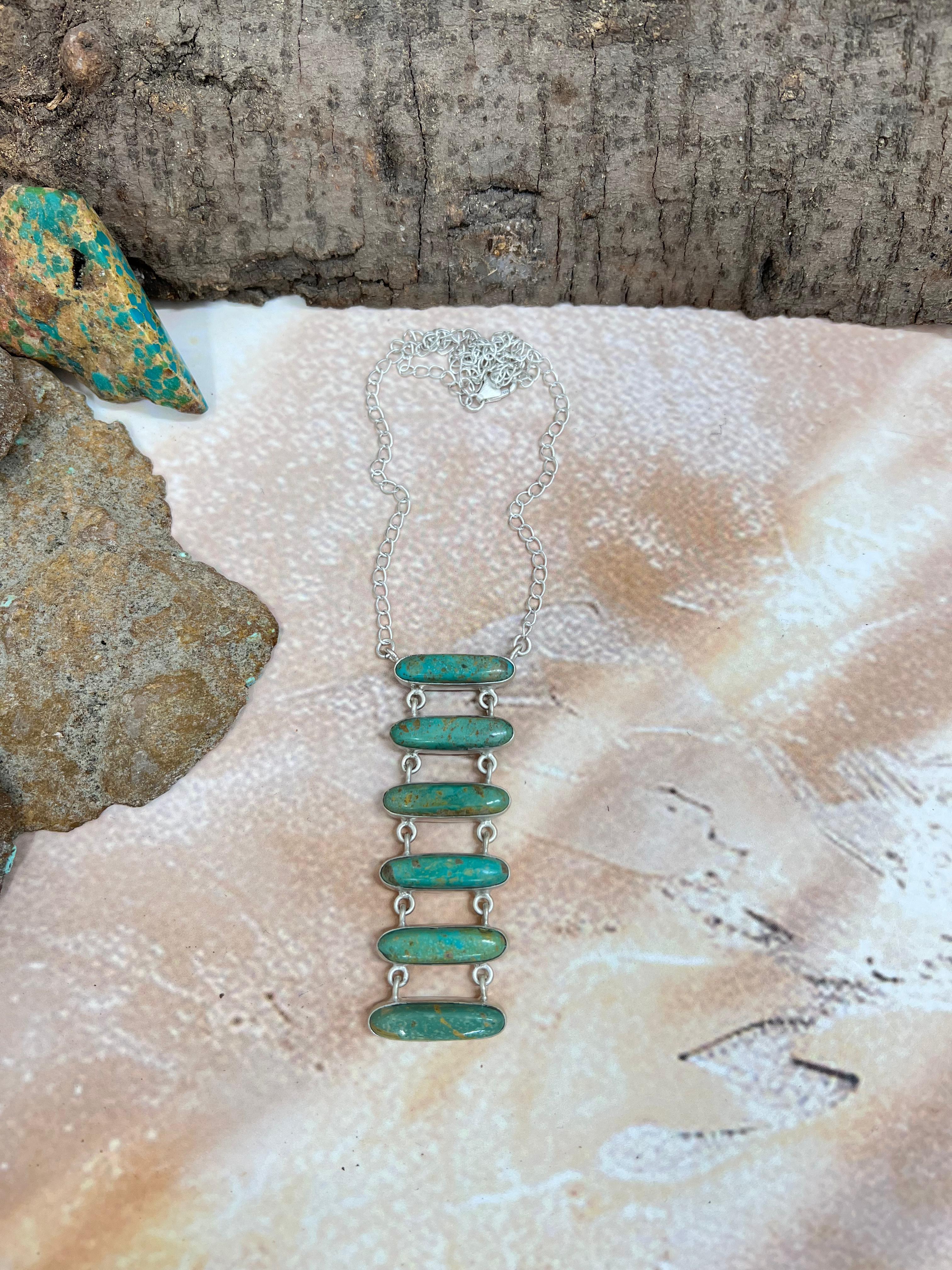 Handmade Sterling Silver Royston Turquoise Stairs Style Necklace with Signed Nizhoni