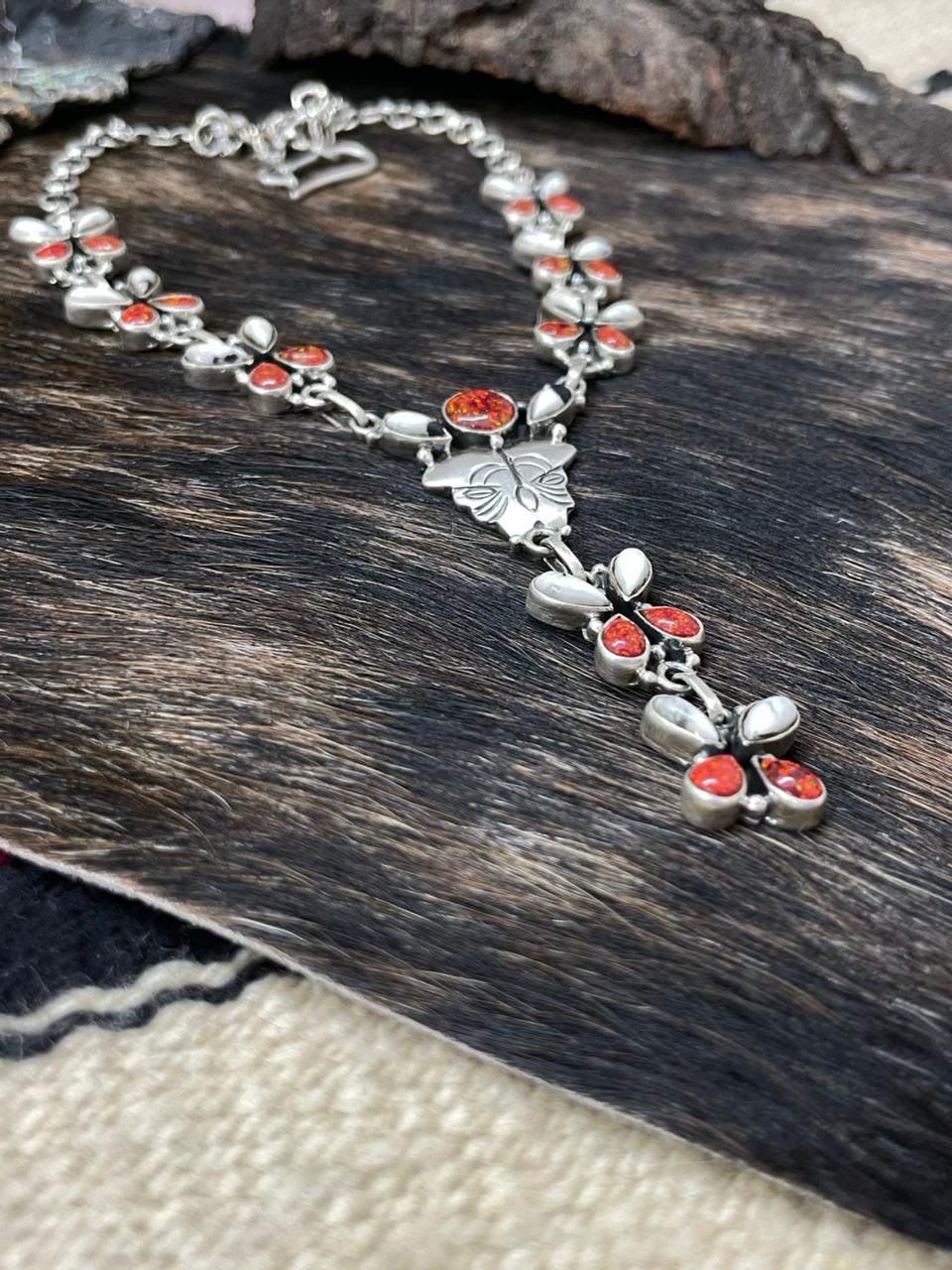 Handmade Sterling Silver White Buffalo with Red Opal Necklace "Signed Nizhoni"