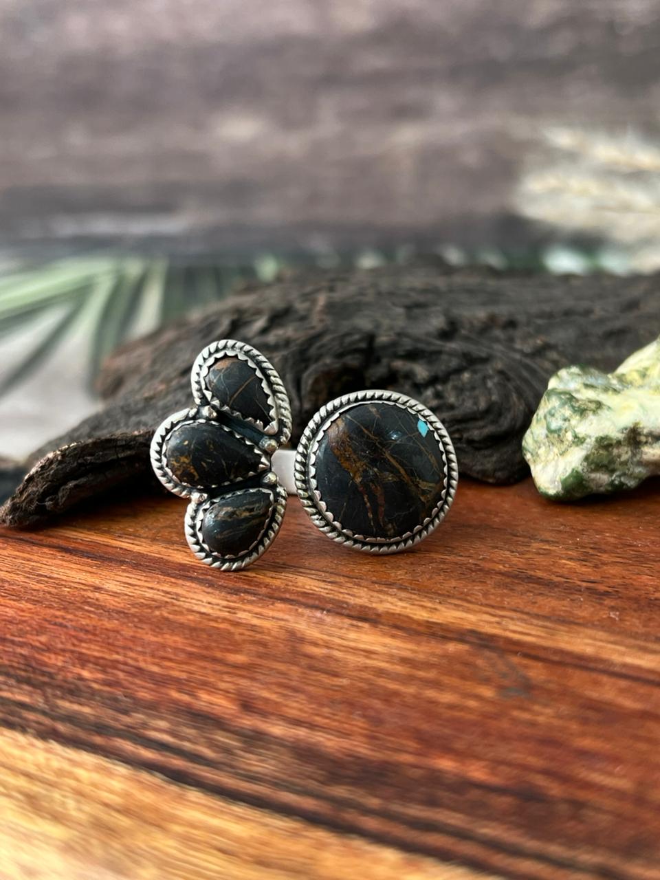 Handmade Sterling Silver Blackjack Turquoise Adjustable Ring "Signed Nizhoni"