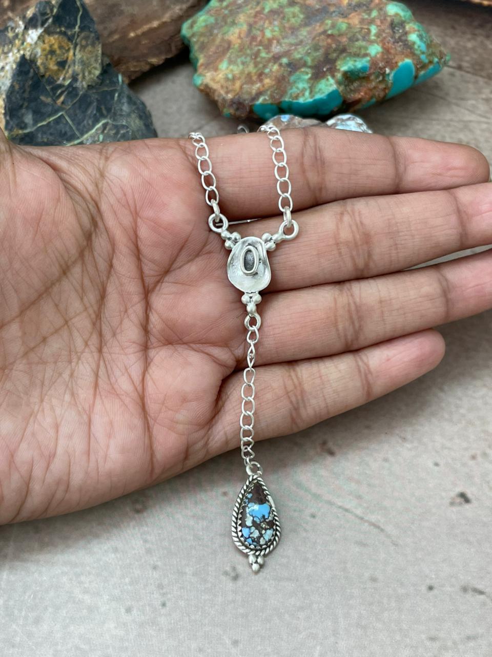 Handmade Sterling Silver Golden Hills Turquoise Drop Necklace "Signed Nizhoni"