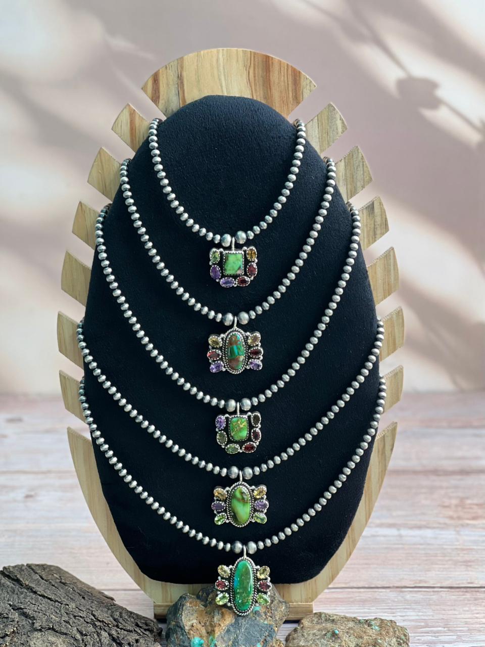 Handmade Sterling Silver Beaded Sonoran with Cut Stone Necklace "Signed Nizhoni"