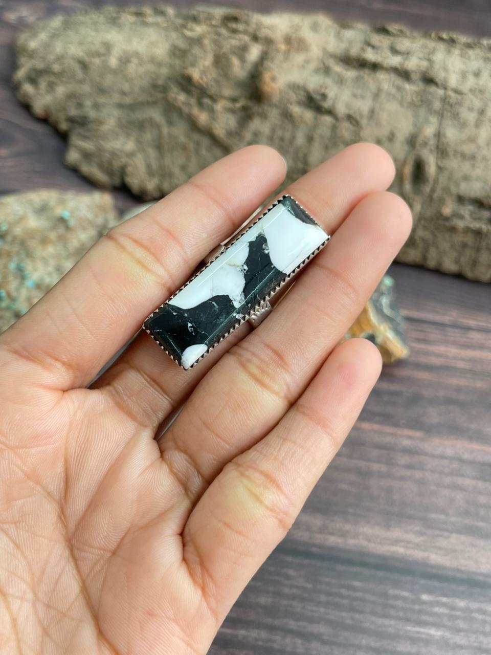 Handmade Sterling Silver White Buffalo Adjustable Ring "Signed Nizhoni"