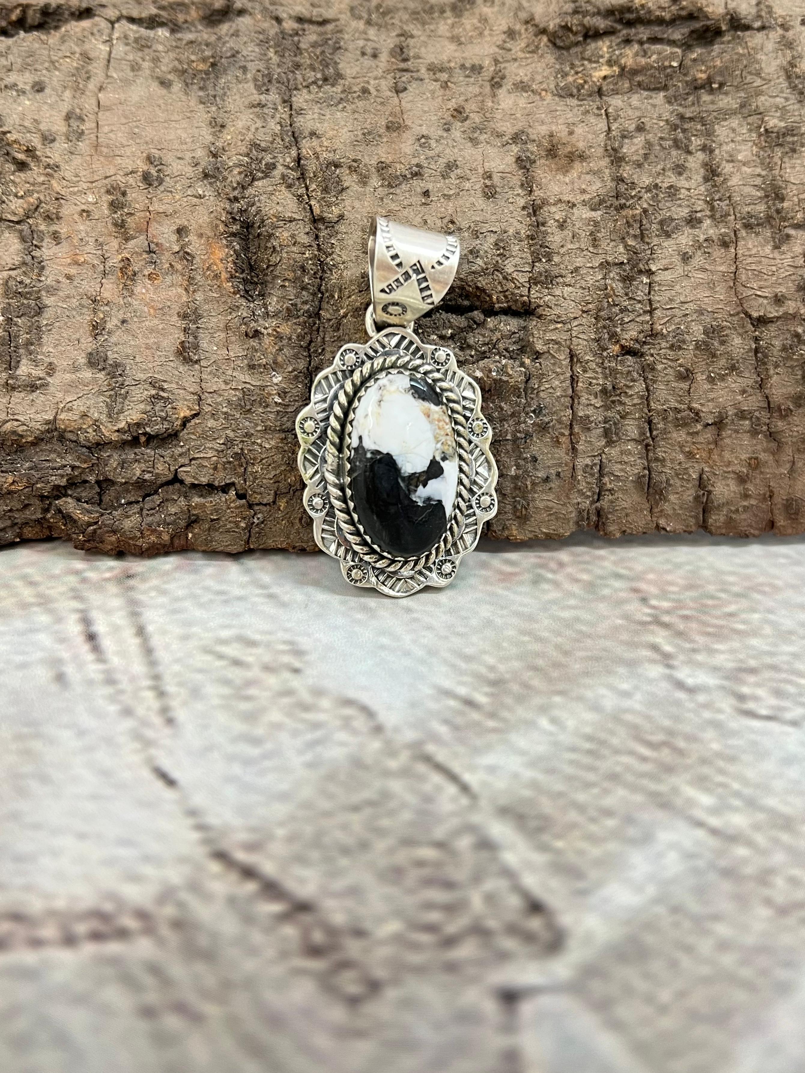 Handmade Sterling Silver White Buffalo Turquoise Pendant with Signed Nizhoni
