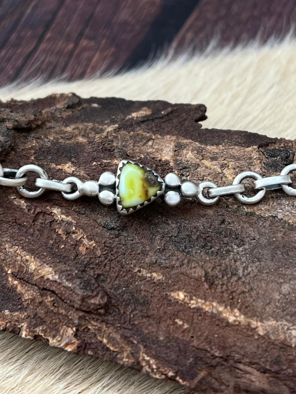 Handmade Sterling Silver Palomino Turquoise Chain Bracelet "Signed Nizhoni"