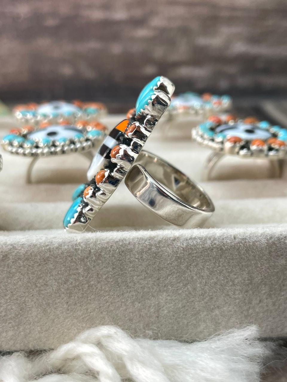 Handmade Sterling Silver Turquoise and MOP adjustable Ring "Signed Nizhoni"